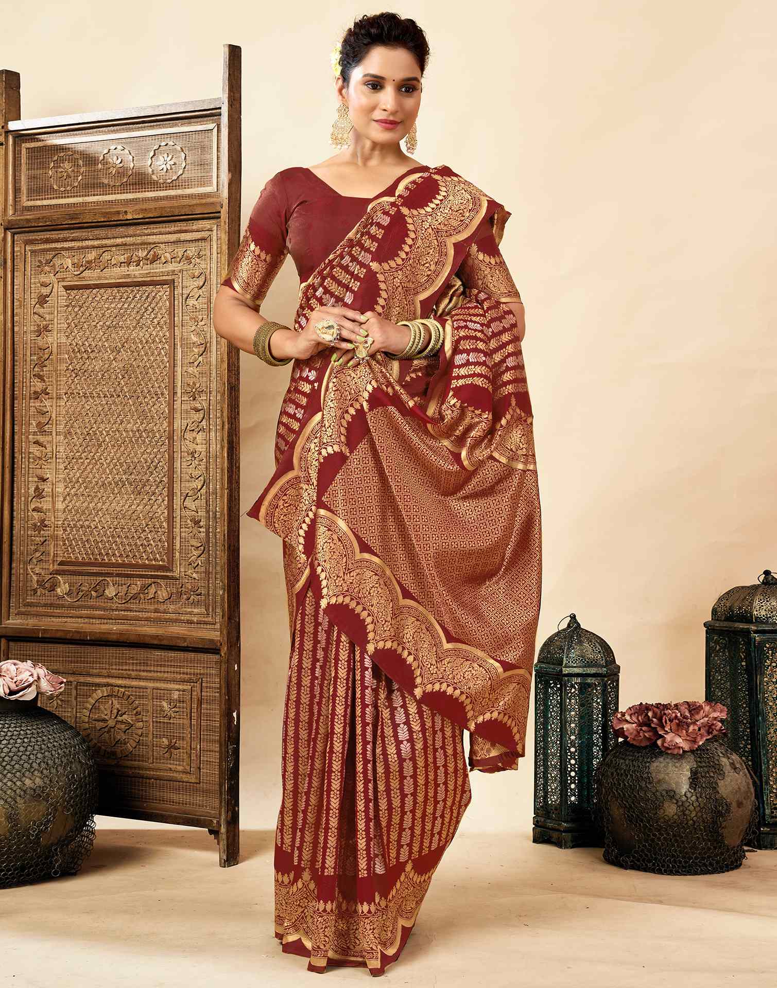Maroon Silk Woven Banarasi Saree