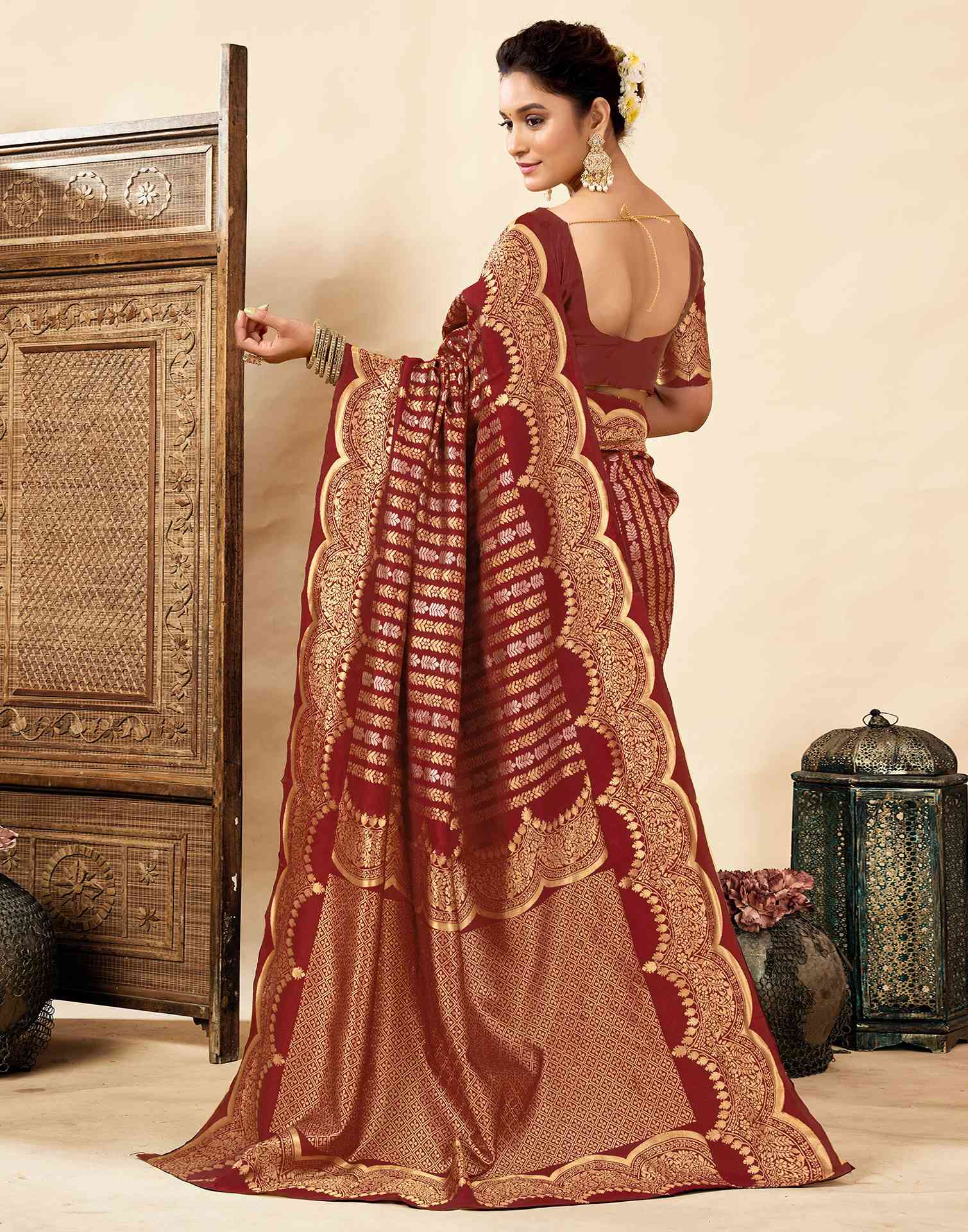Maroon Silk Woven Banarasi Saree