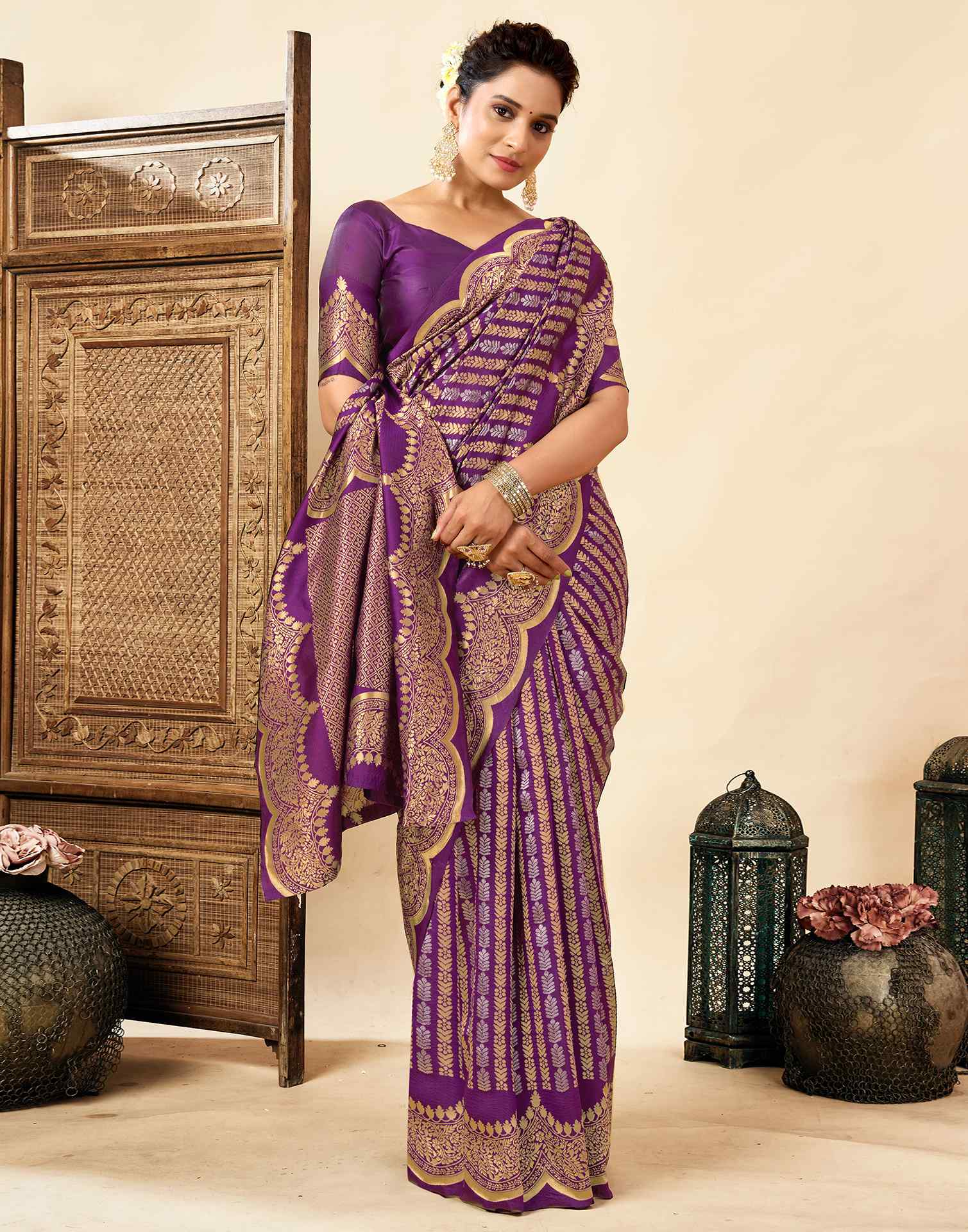 Dark Purple Silk Woven Banarasi Saree