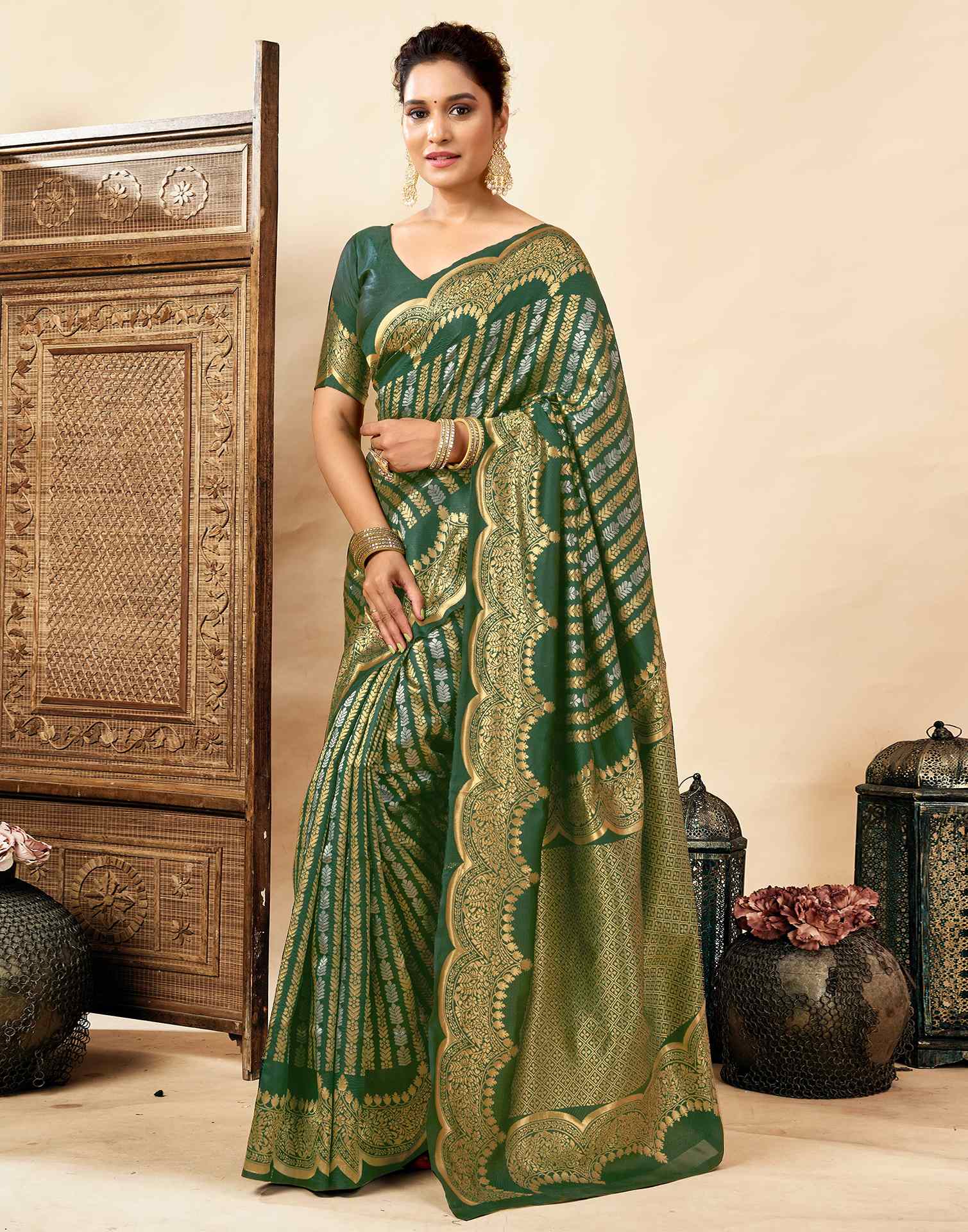 Dark Green Silk Woven Banarasi Saree