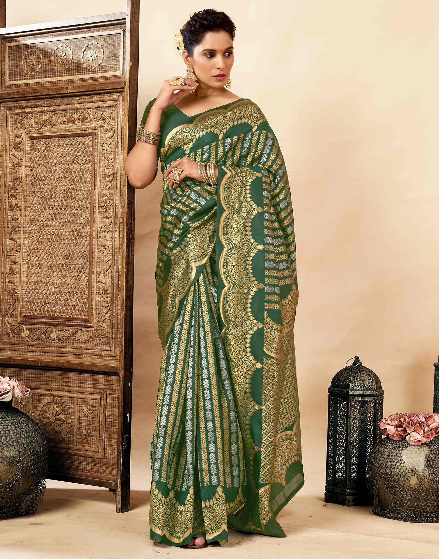 Dark Green Silk Woven Banarasi Saree