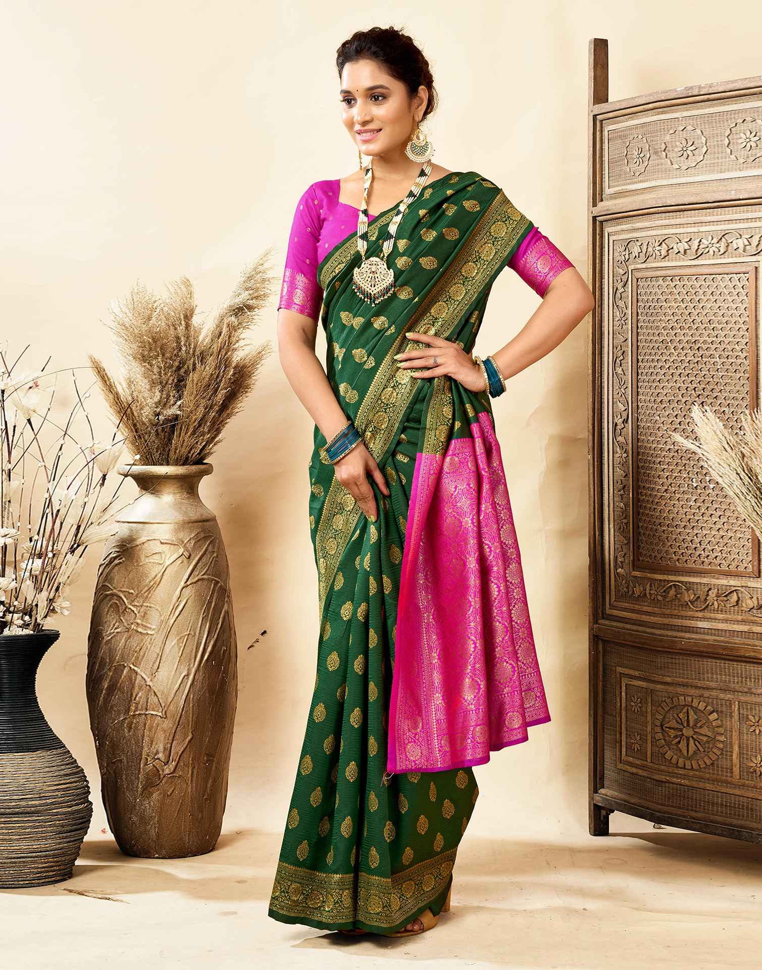 Dark Green Silk Woven Banarasi Saree