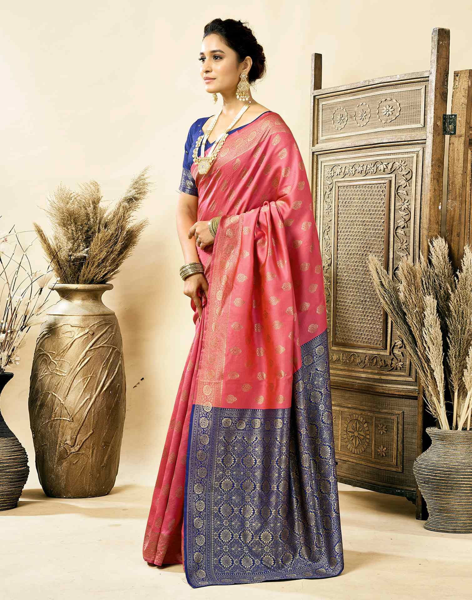 Rose Pink Silk Woven Banarasi Saree