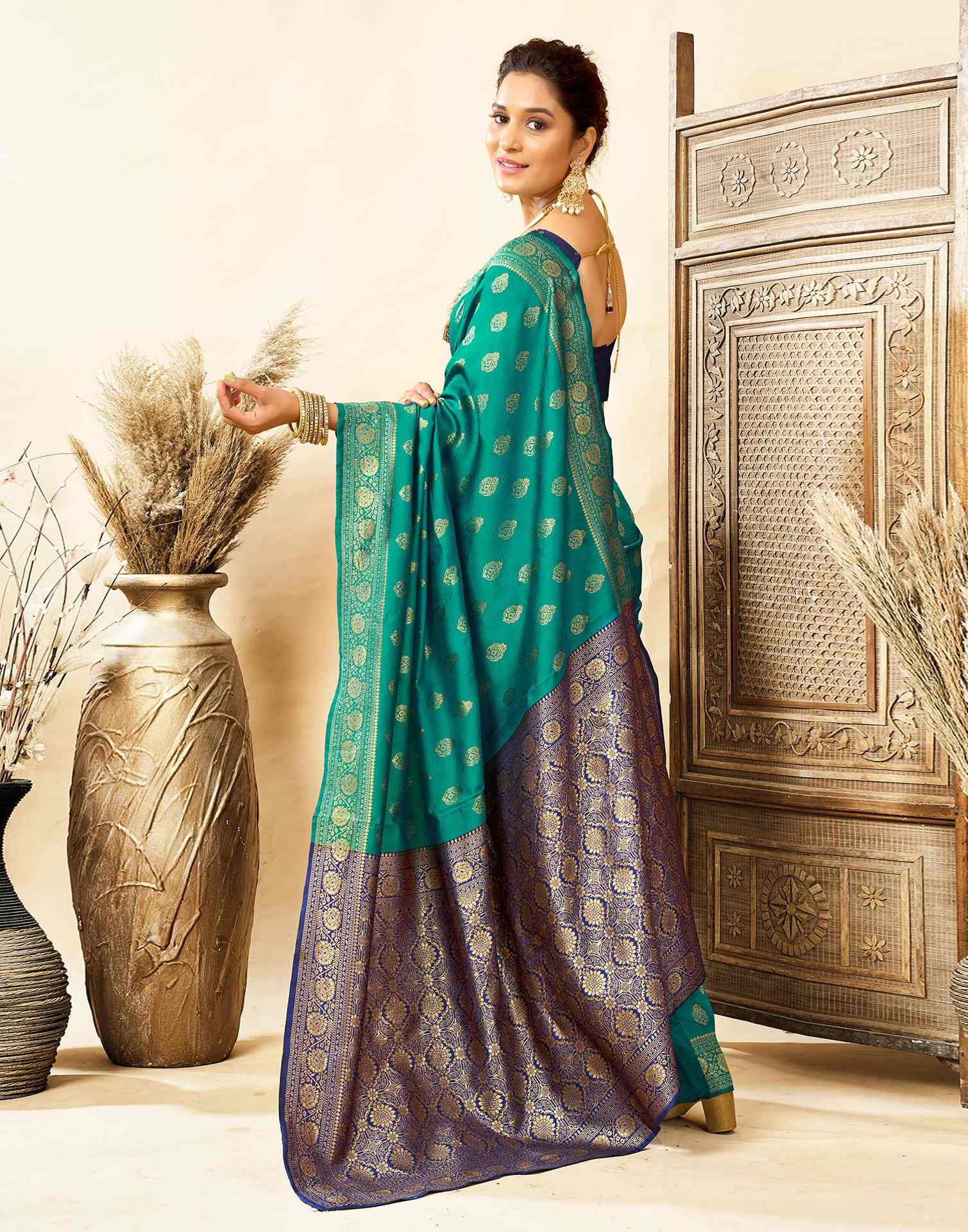 Teal Green Silk Woven Banarasi Saree