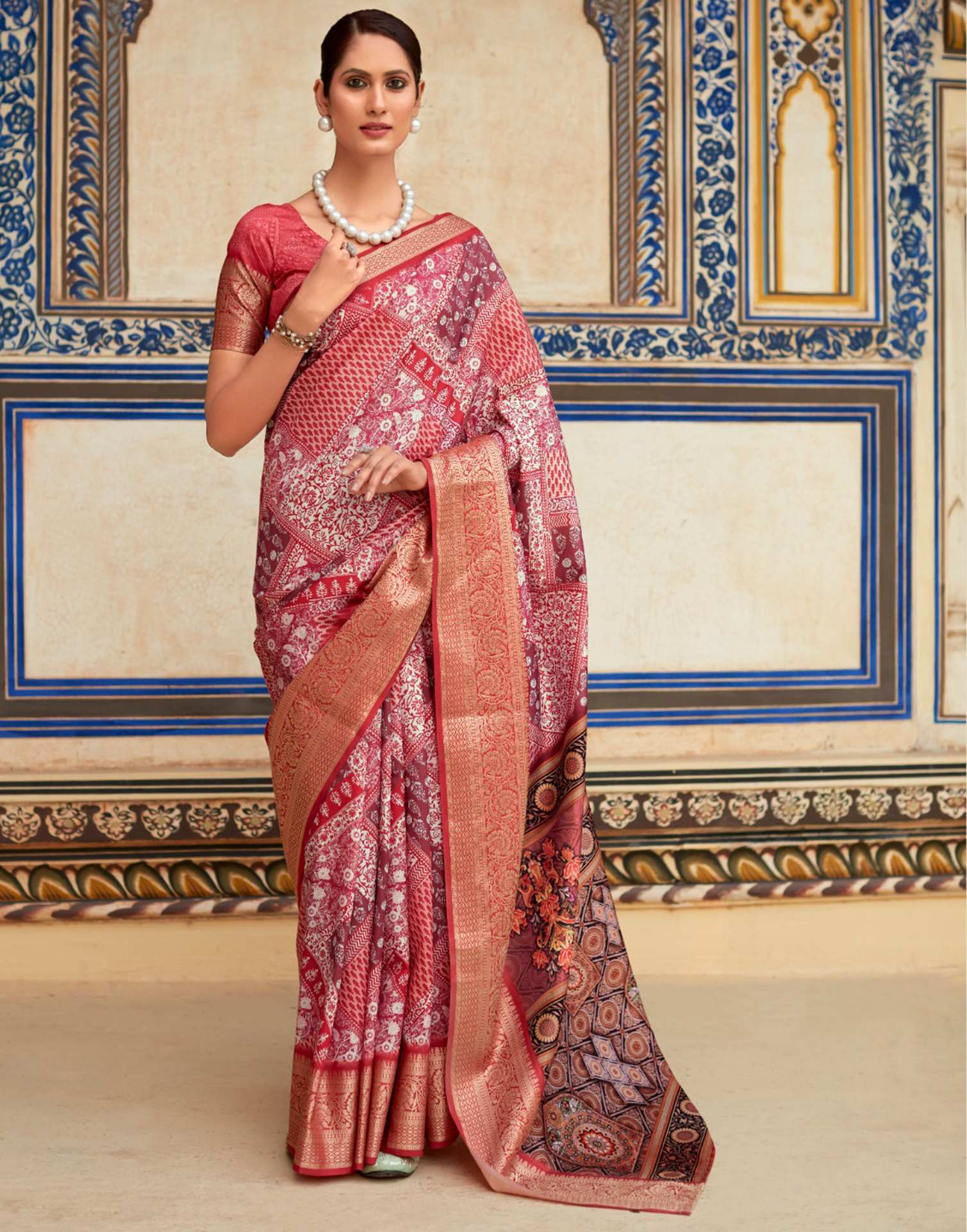 Red Dola Silk Printed Saree
