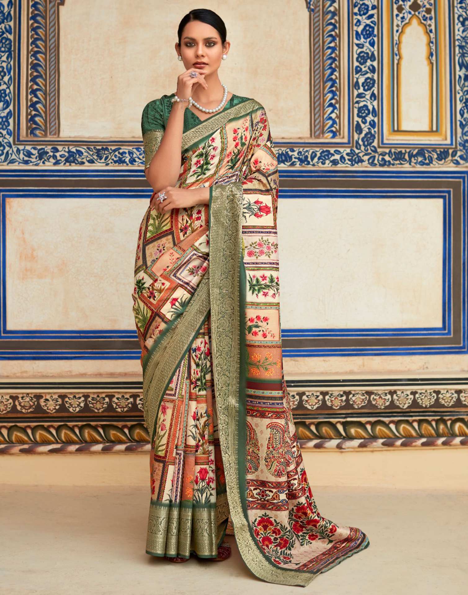 Green Dola Silk Floral Printed Saree