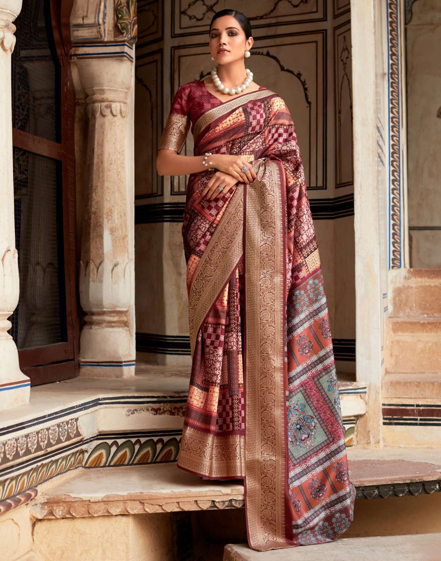 Maroon Dola Silk Printed Saree