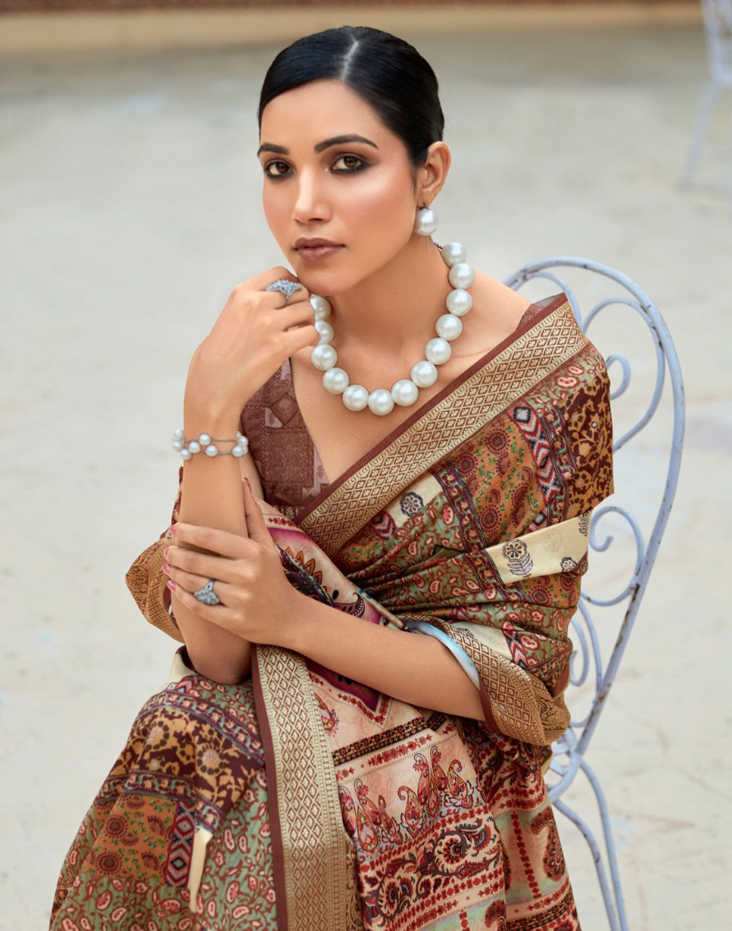 Brown Dola Silk Printed Saree