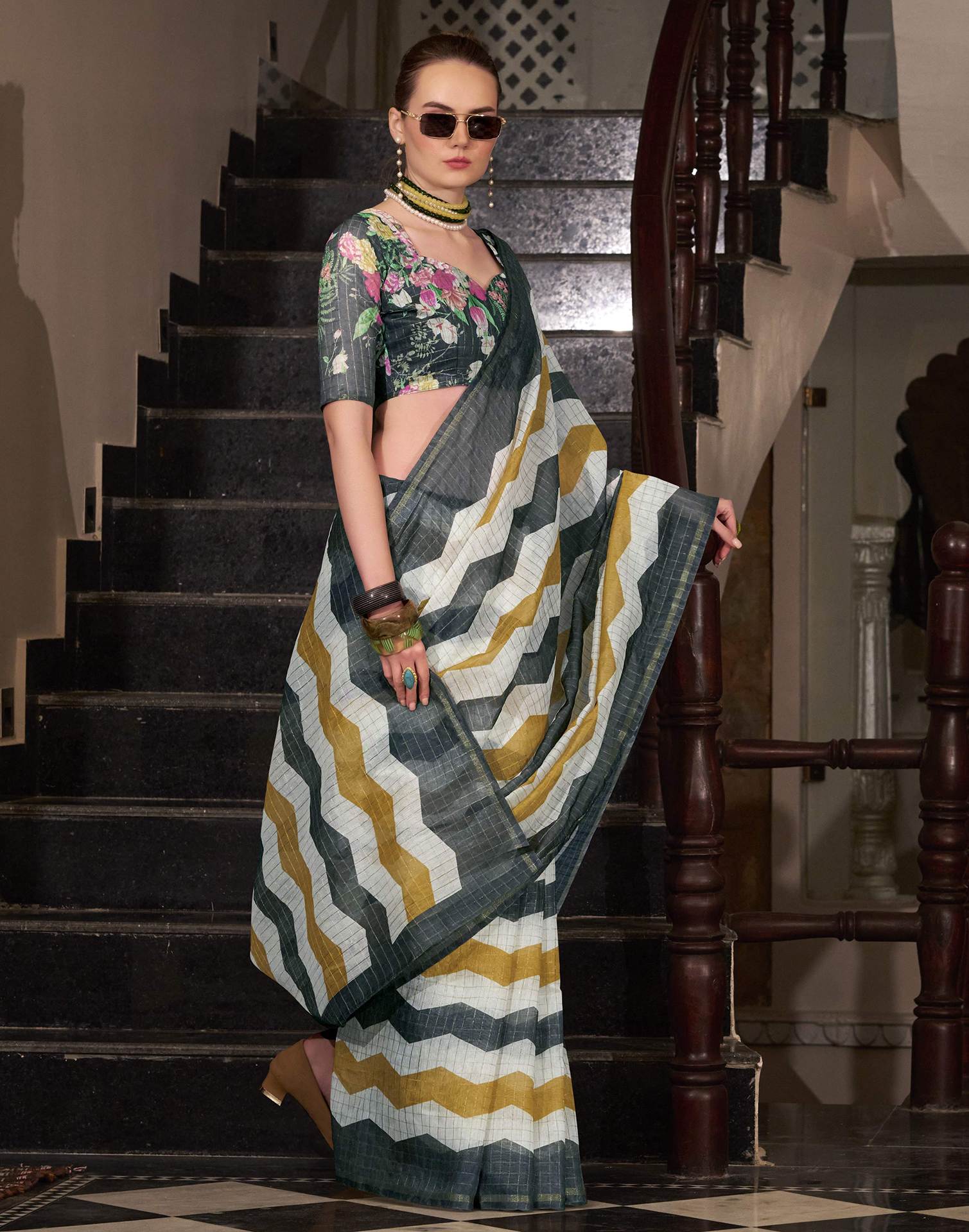 Grey Linen Printed Saree