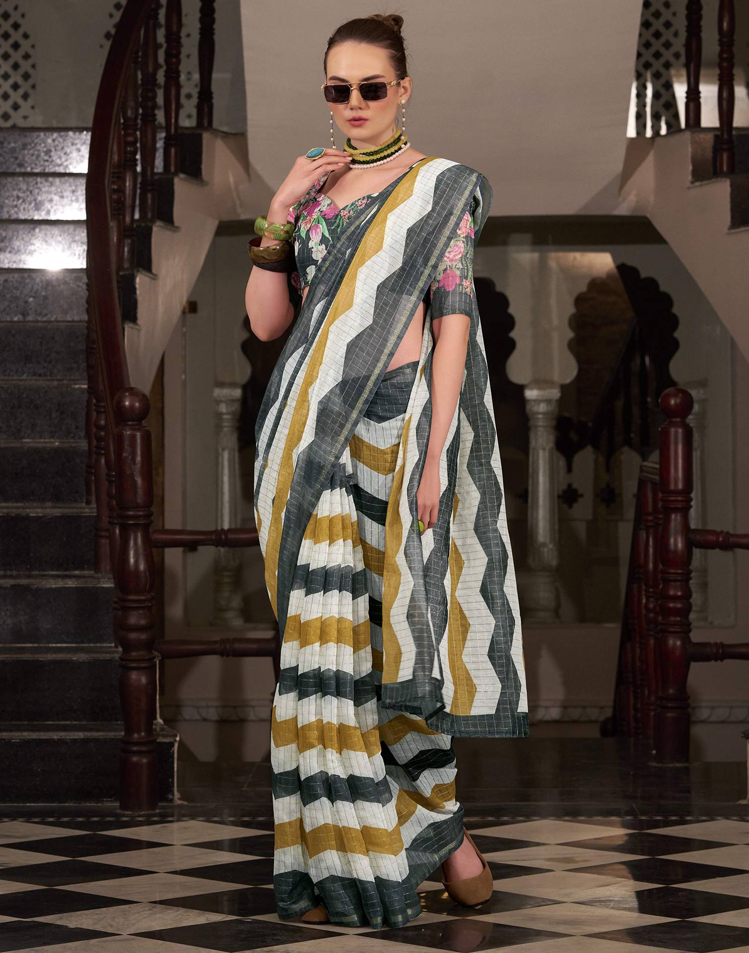 Grey Linen Printed Saree
