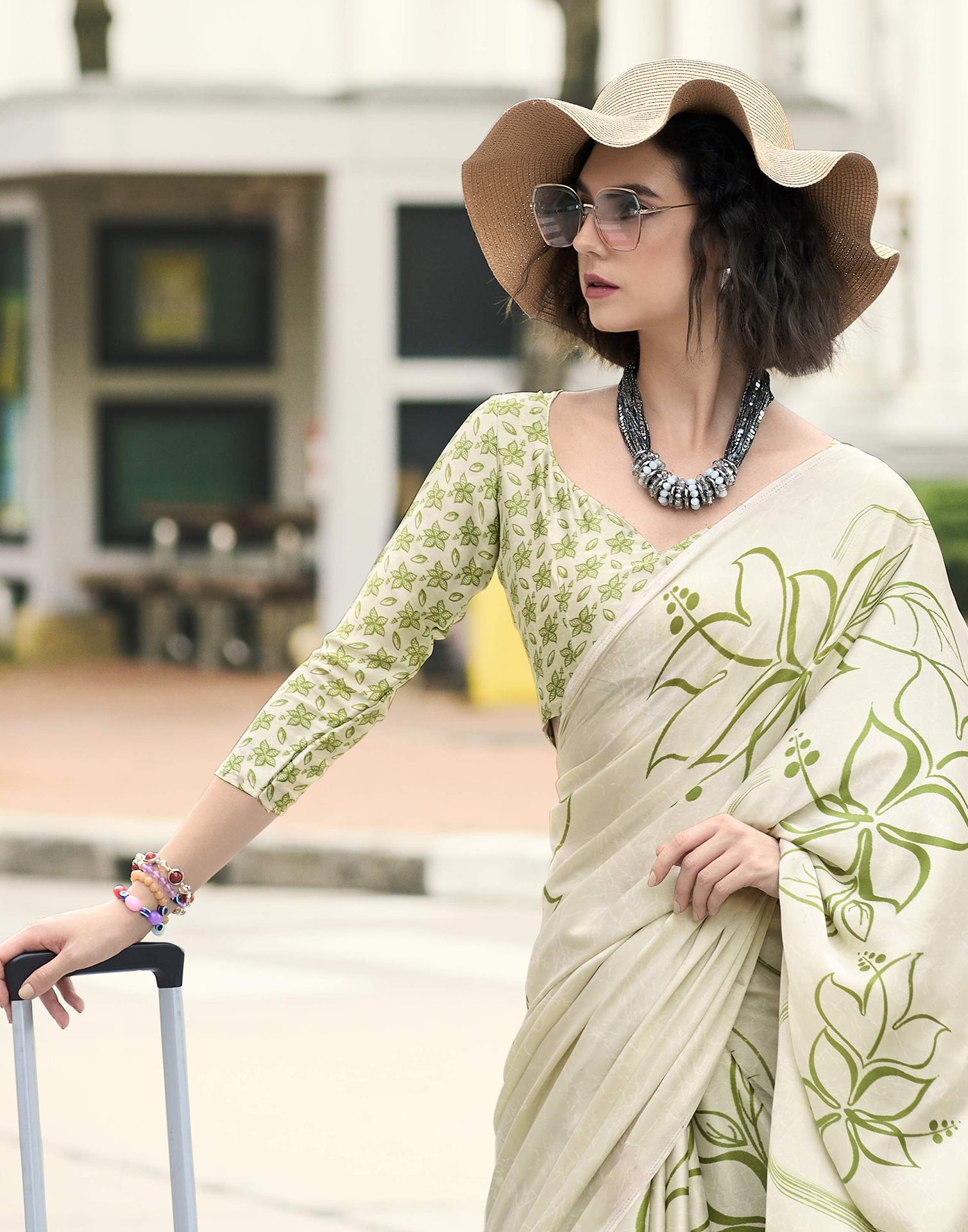 Off White Satin Floral Printed Saree