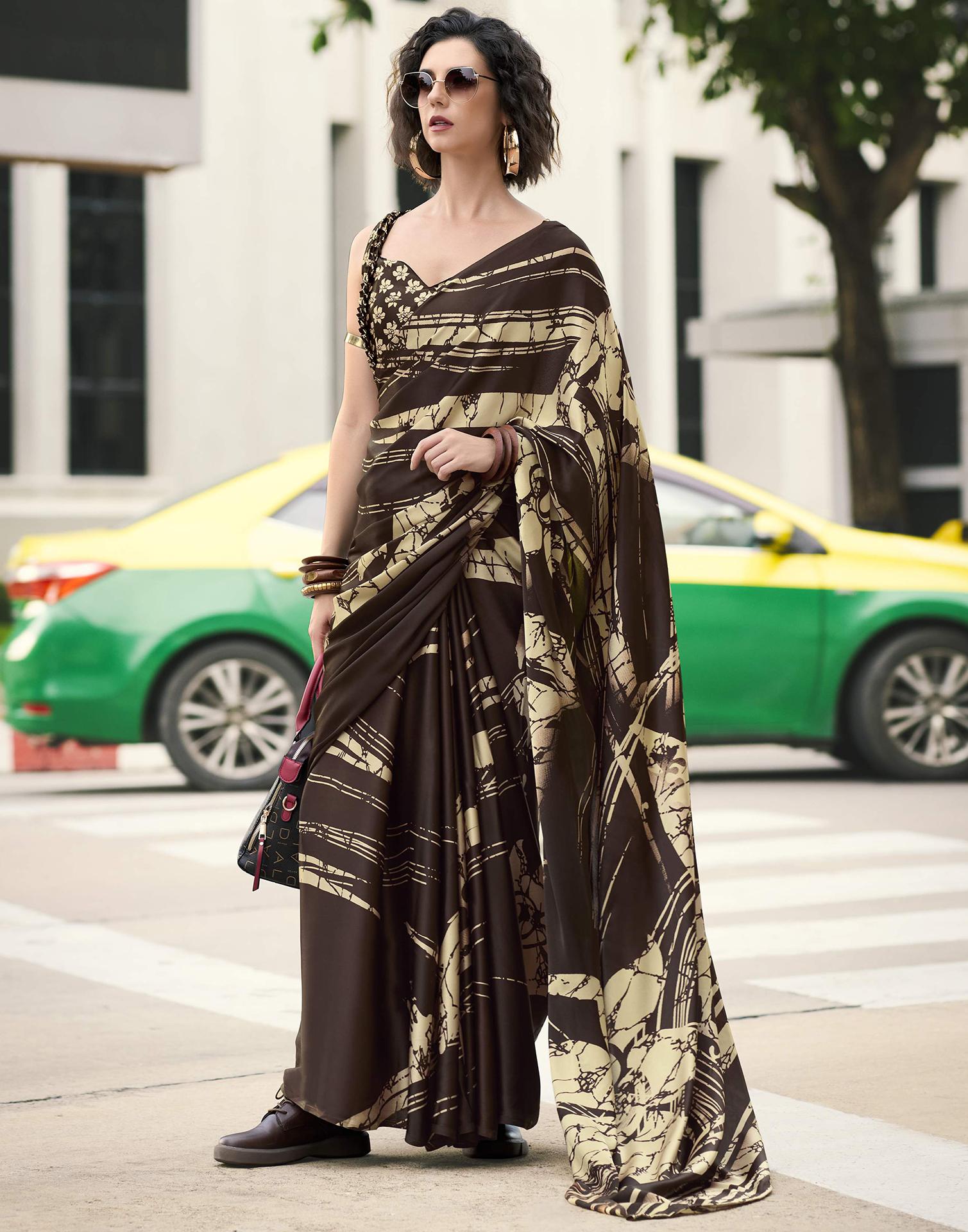 Brown Satin Printed Saree