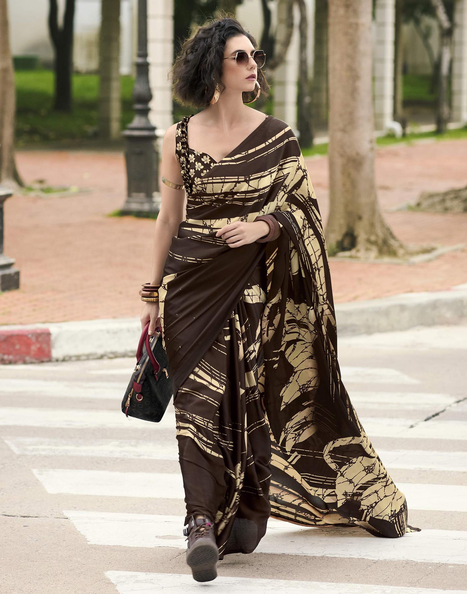 Brown Satin Printed Saree