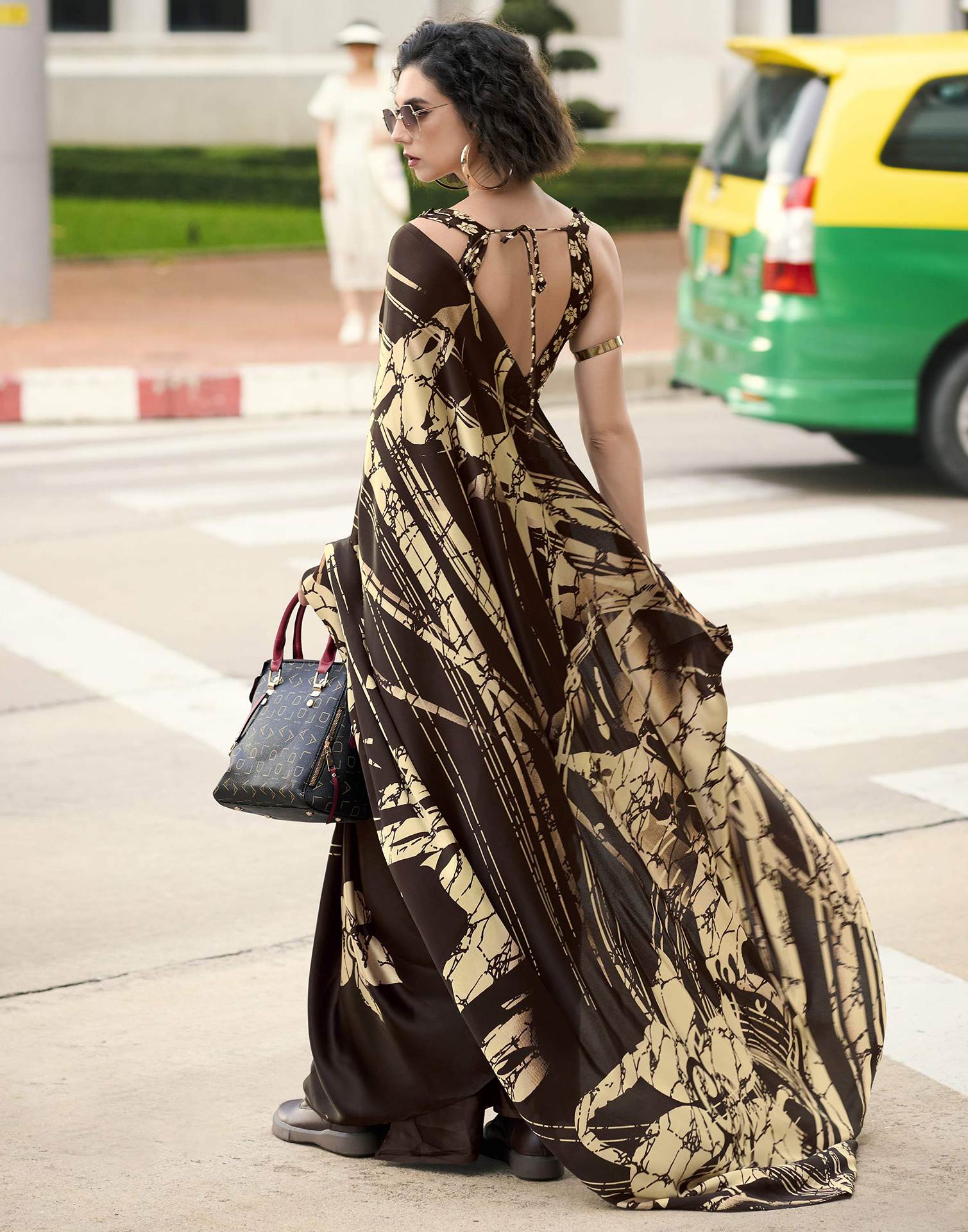 Brown Satin Printed Saree