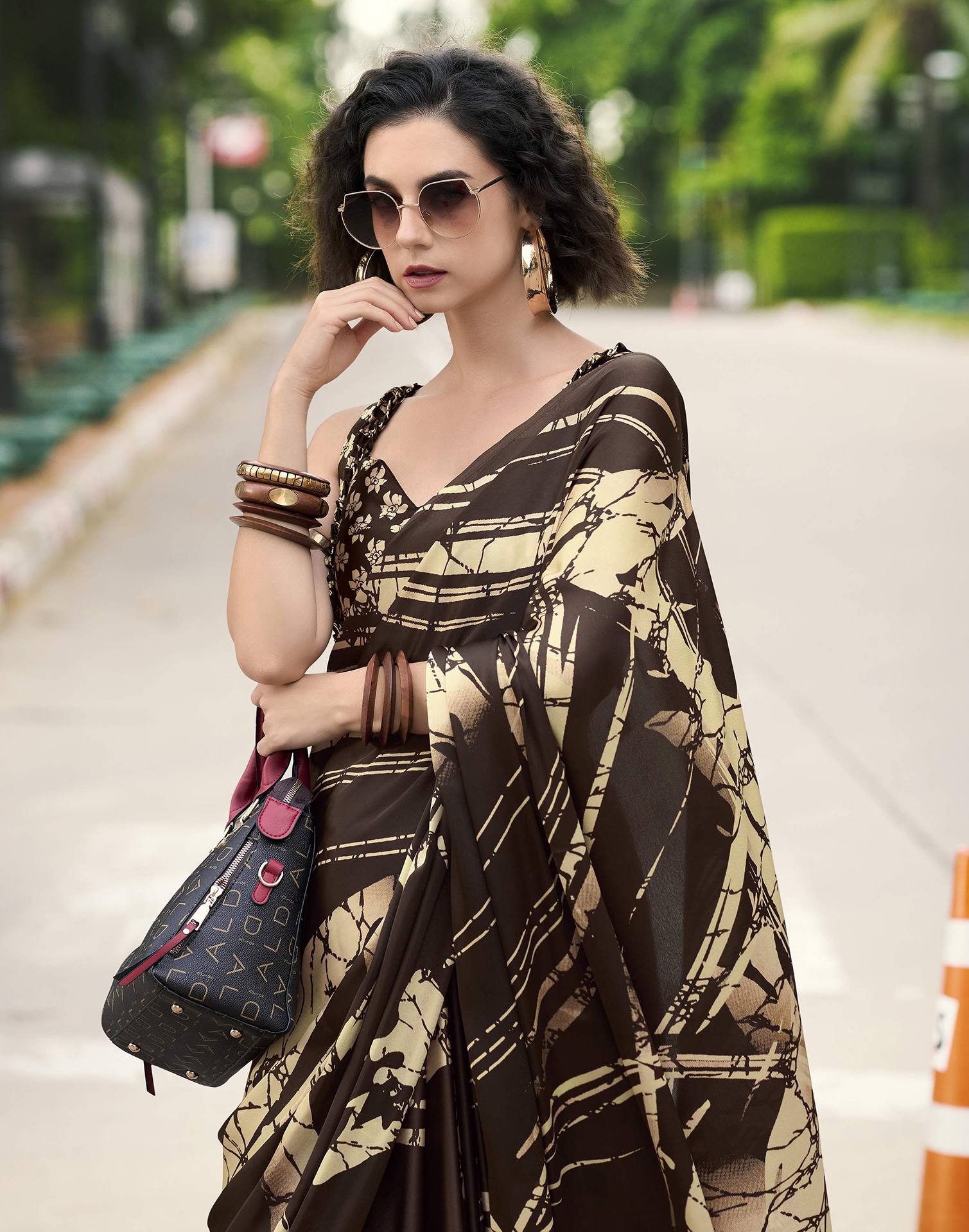 Brown Satin Printed Saree