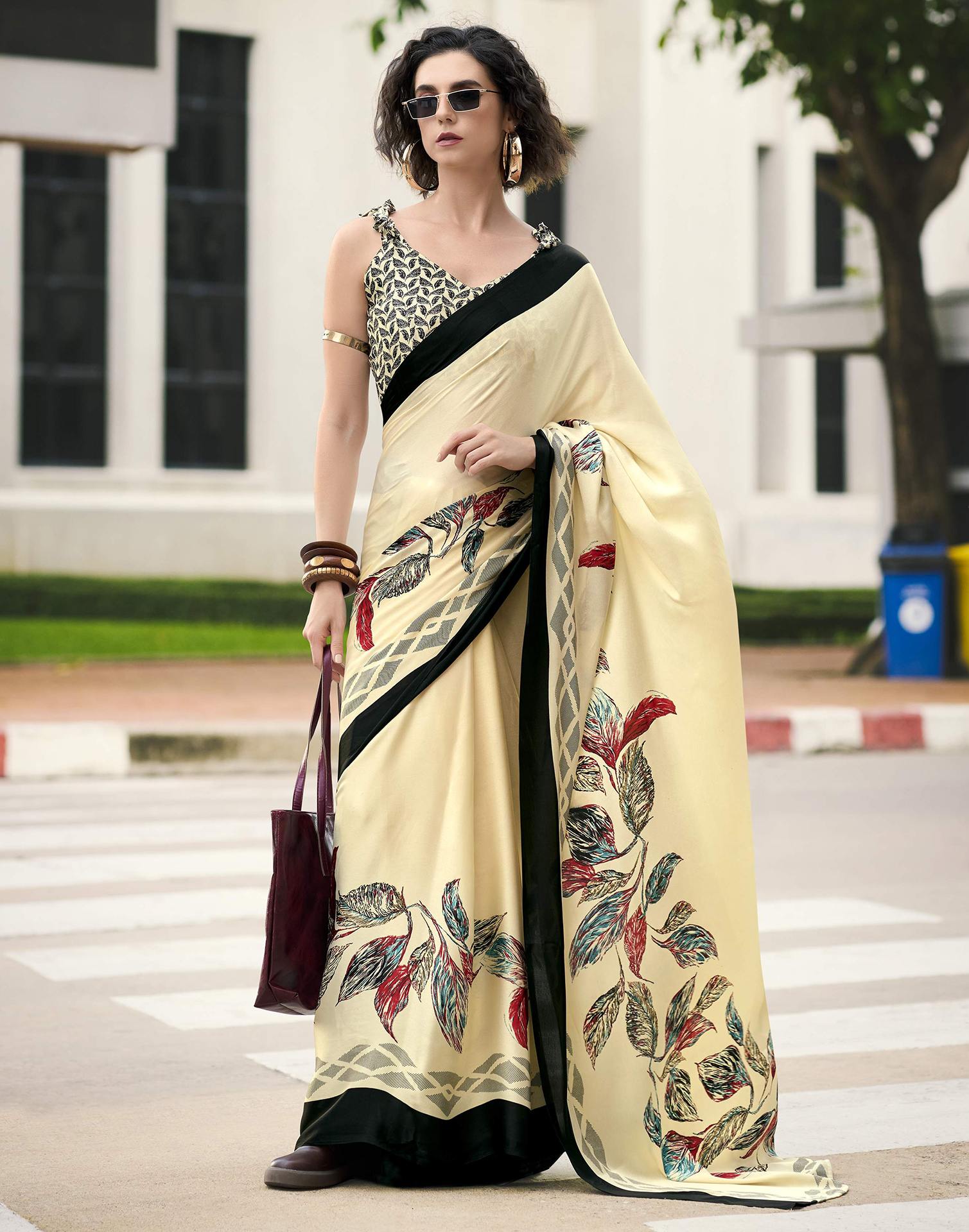 Creme Satin Floral Printed Saree