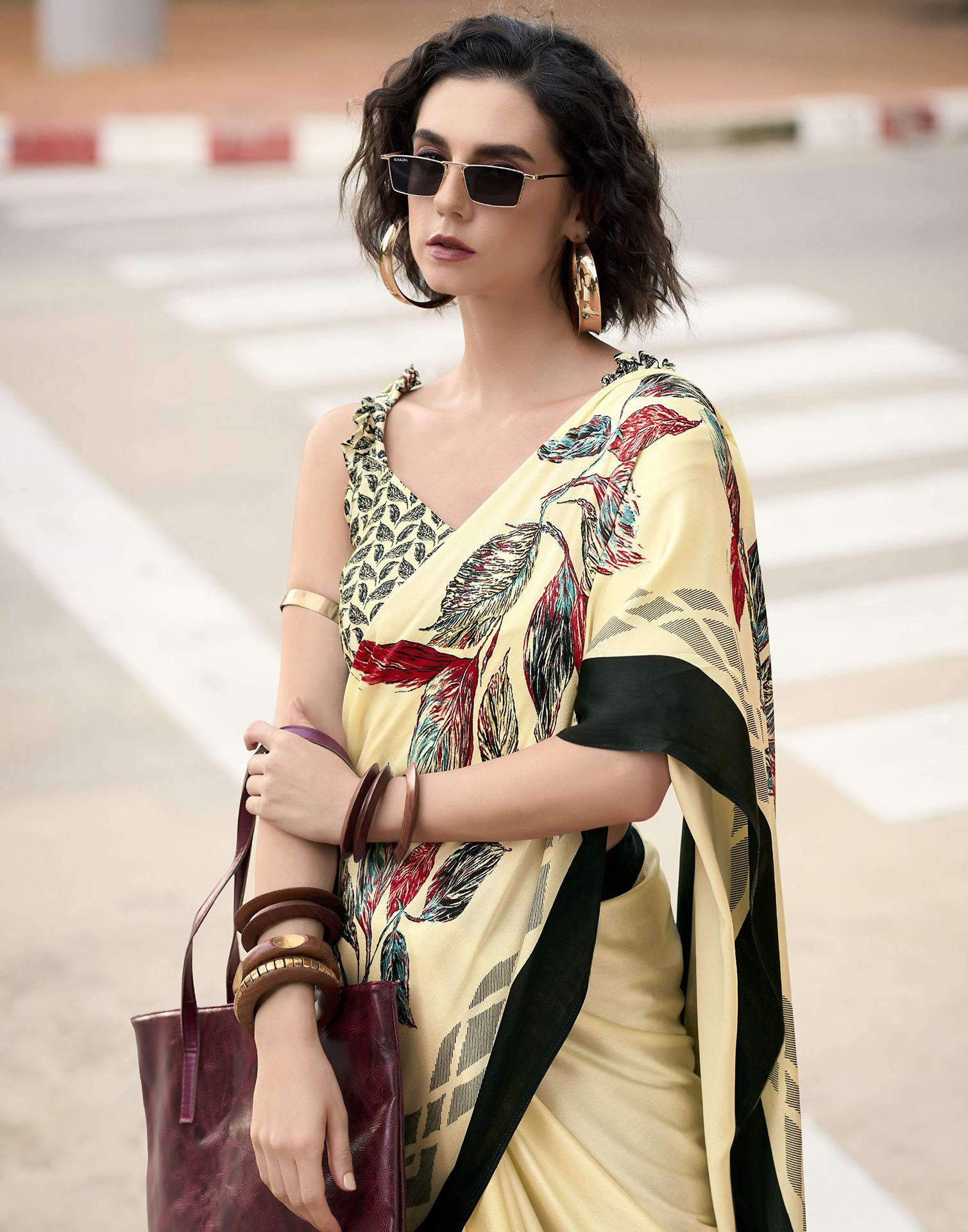 Creme Satin Floral Printed Saree