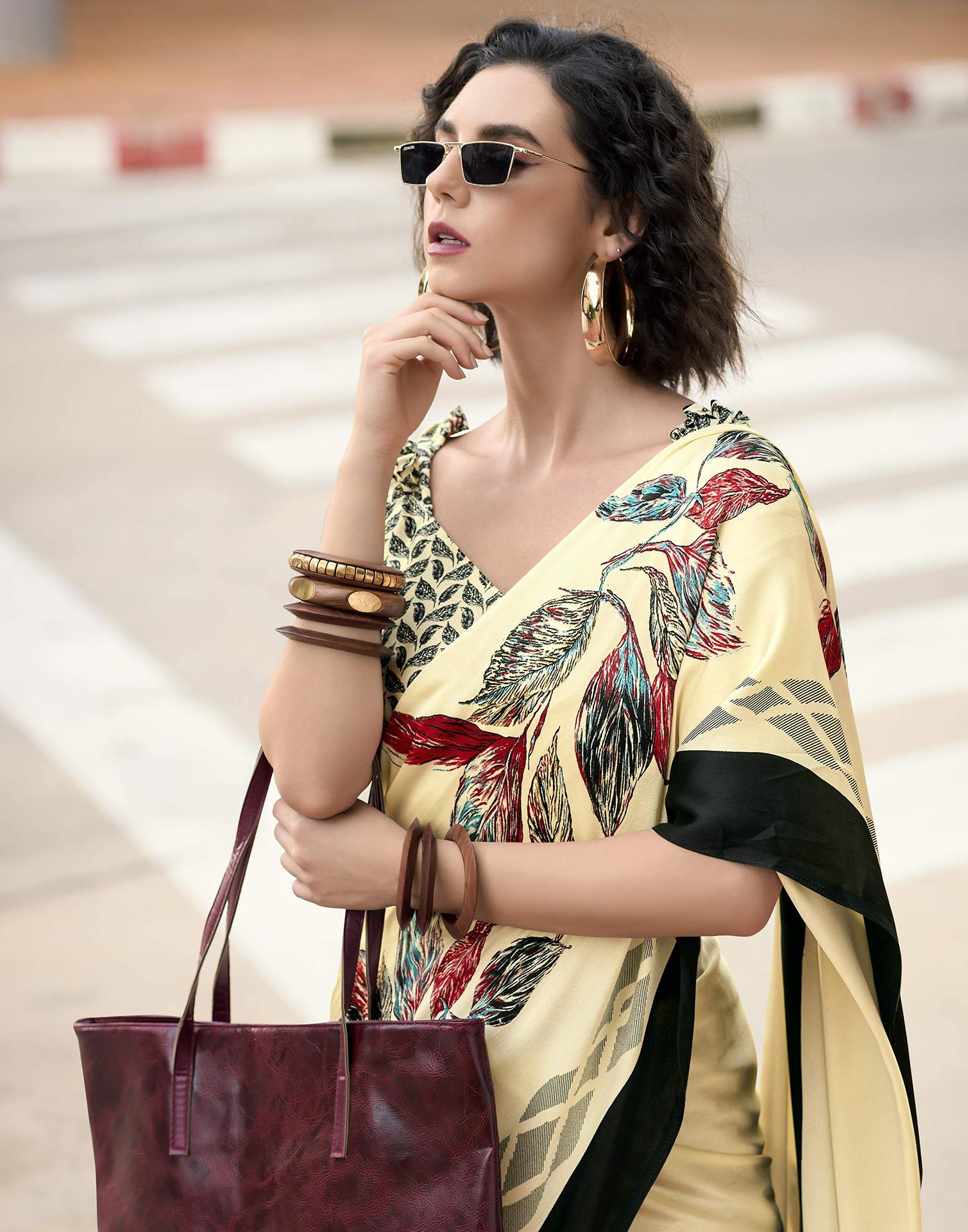 Creme Satin Floral Printed Saree