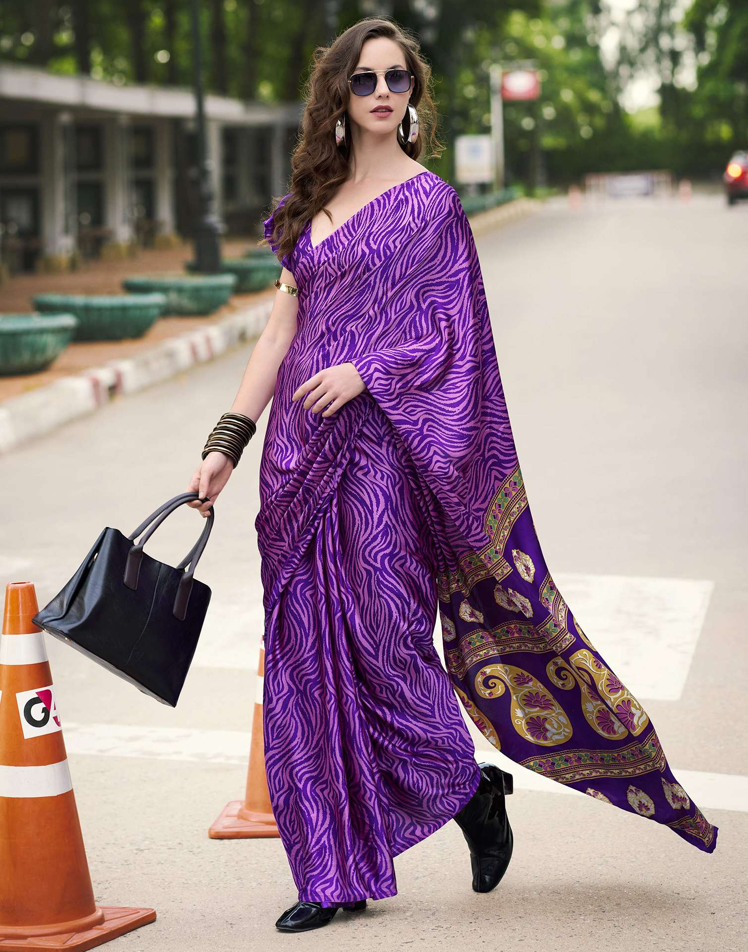 Purple Satin Printed Saree