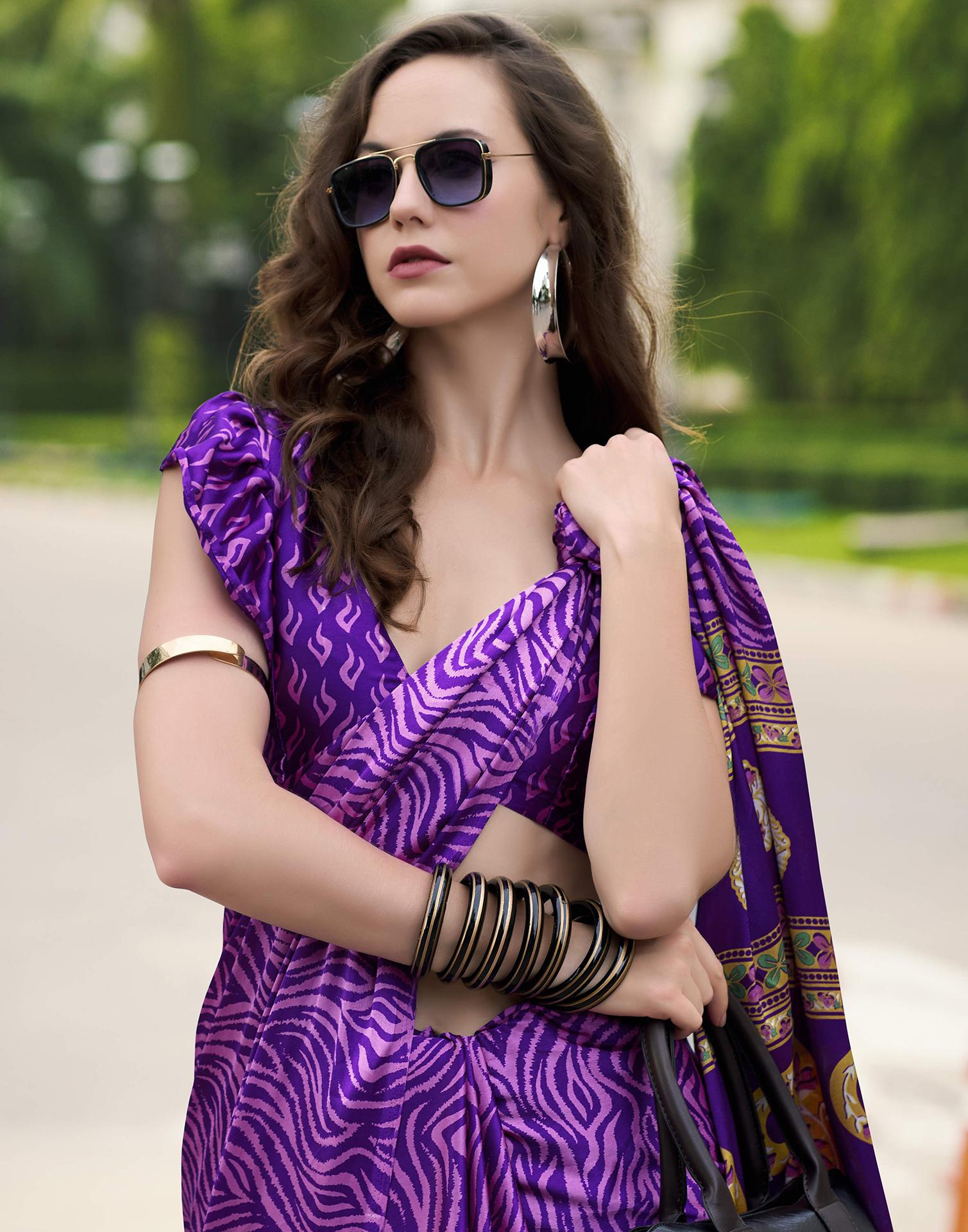 Purple Satin Printed Saree