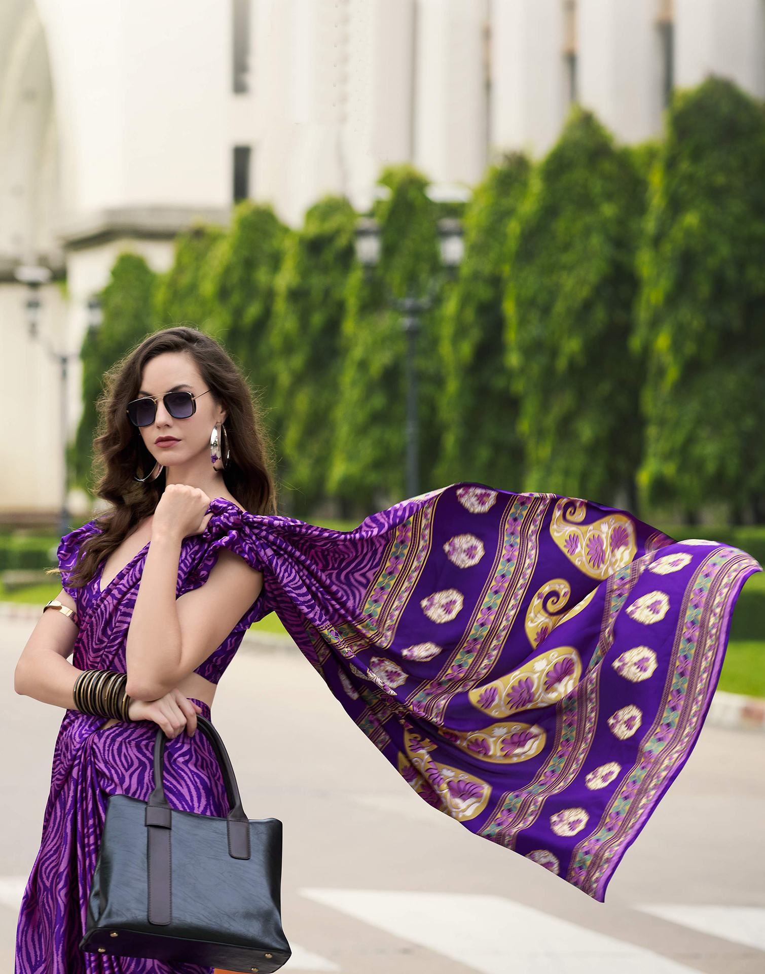 Purple Satin Printed Saree