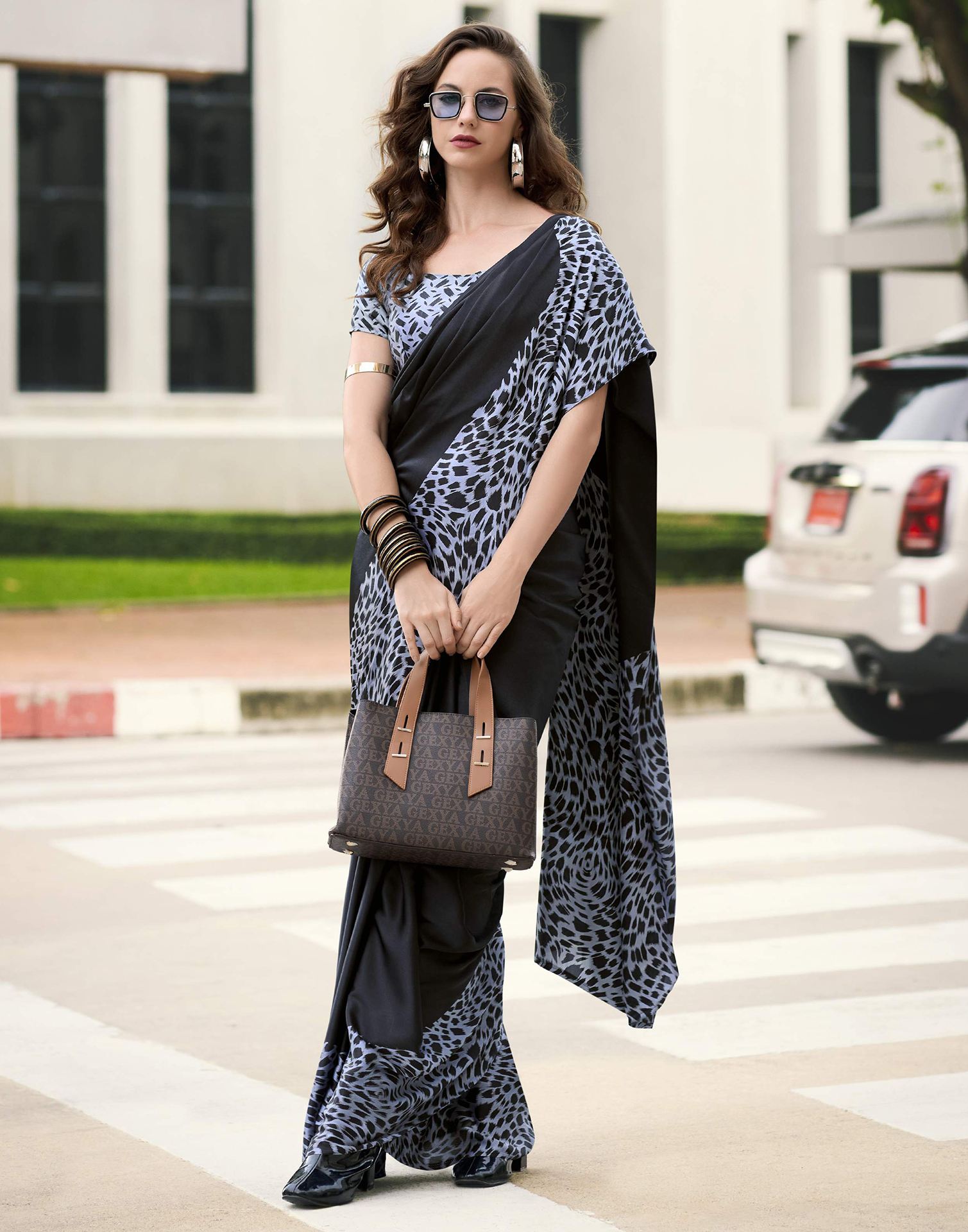 Black Satin Printed Saree