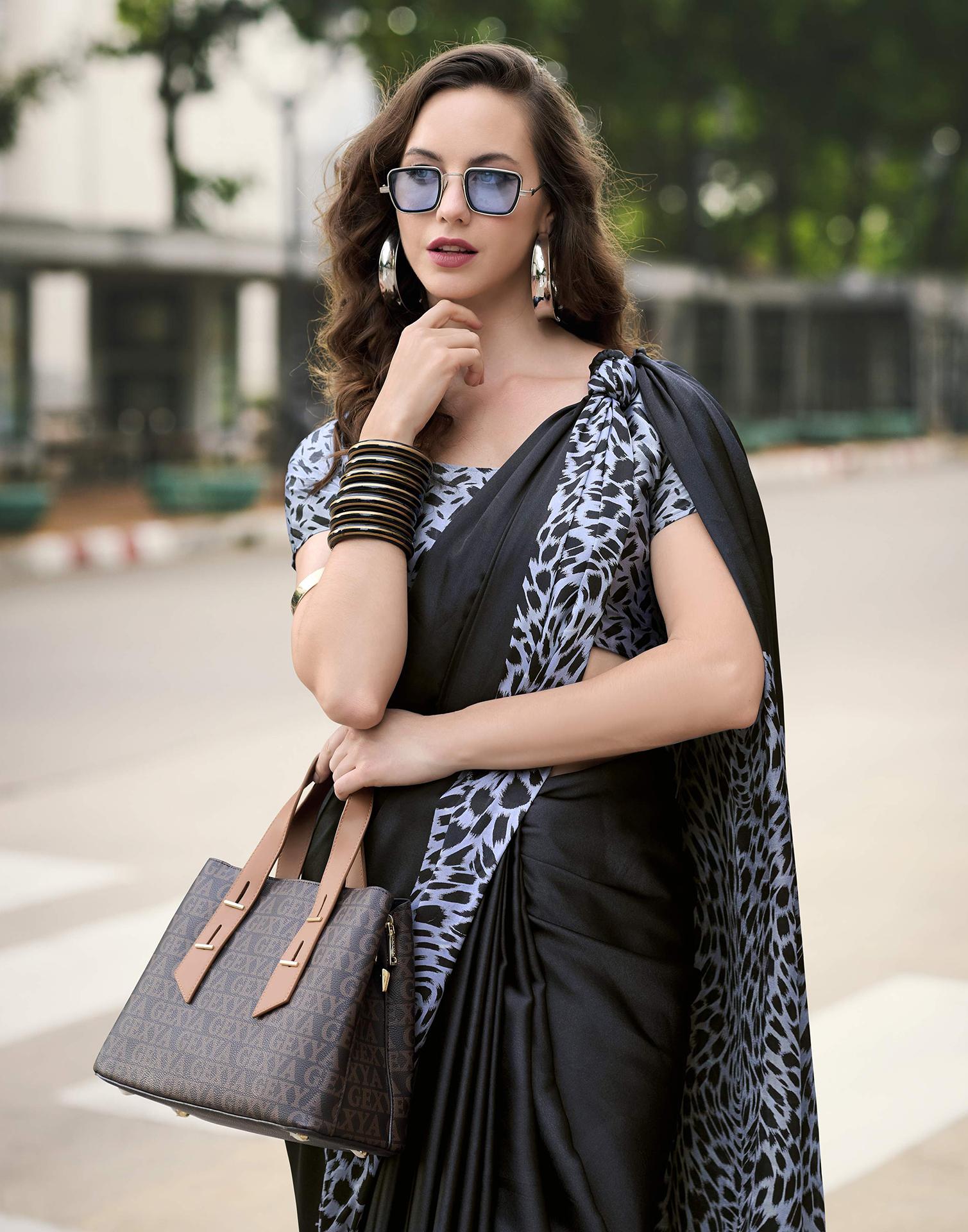 Black Satin Printed Saree