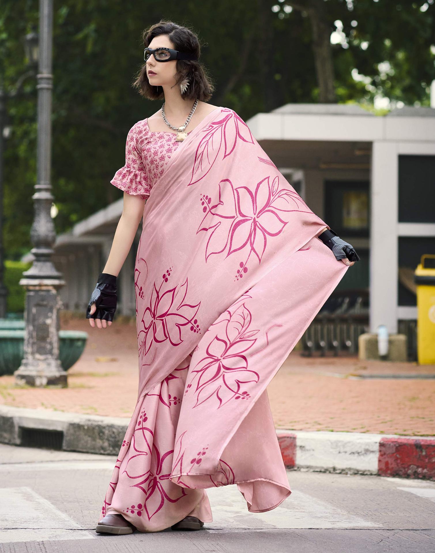 Light Pink Satin Floral Printed Saree
