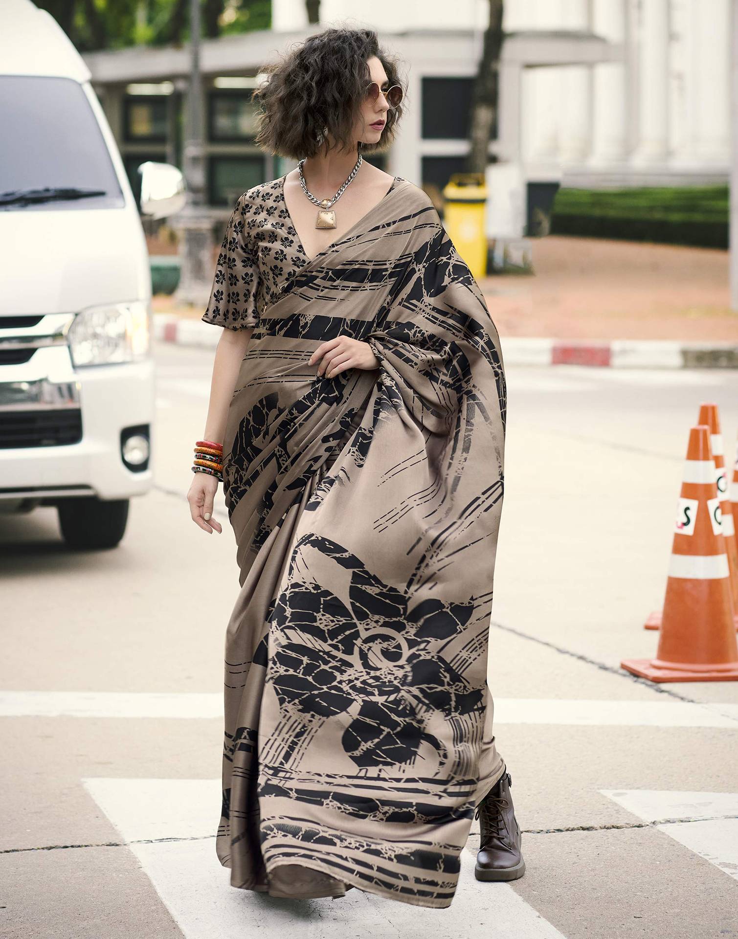 Light Brown Satin Printed Saree