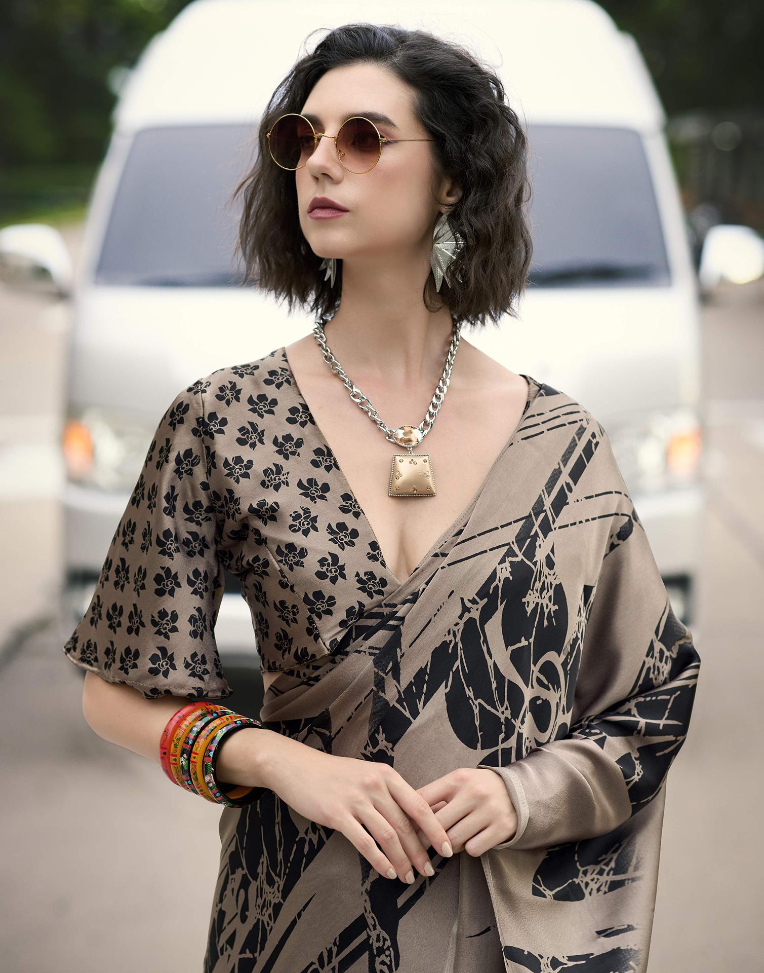 Light Brown Satin Printed Saree