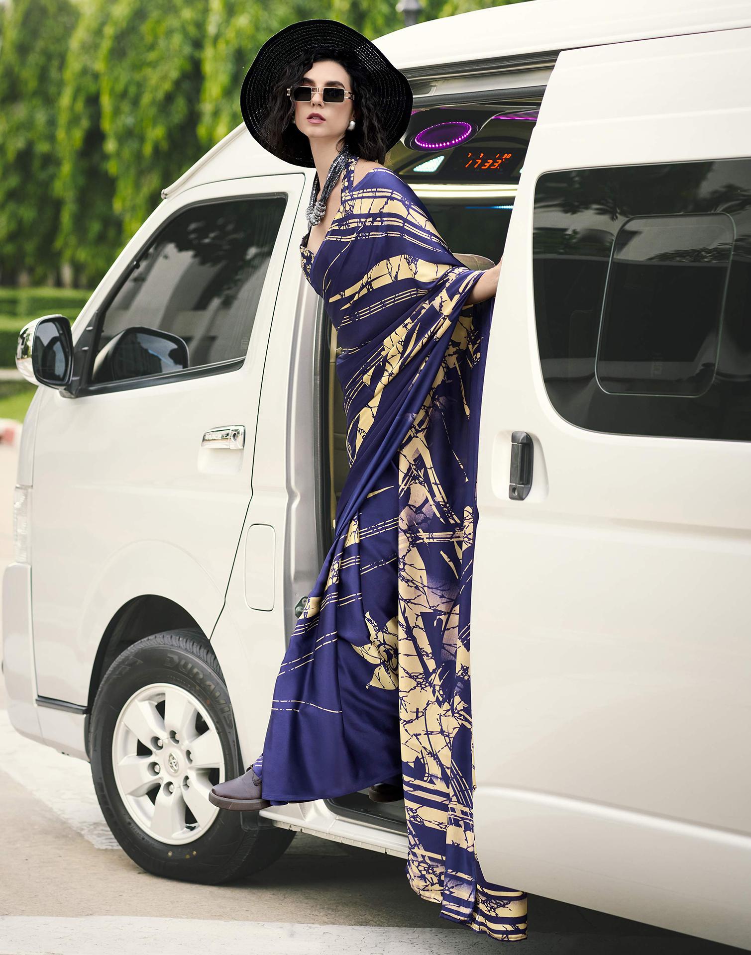 Dark Purple Satin Printed Saree