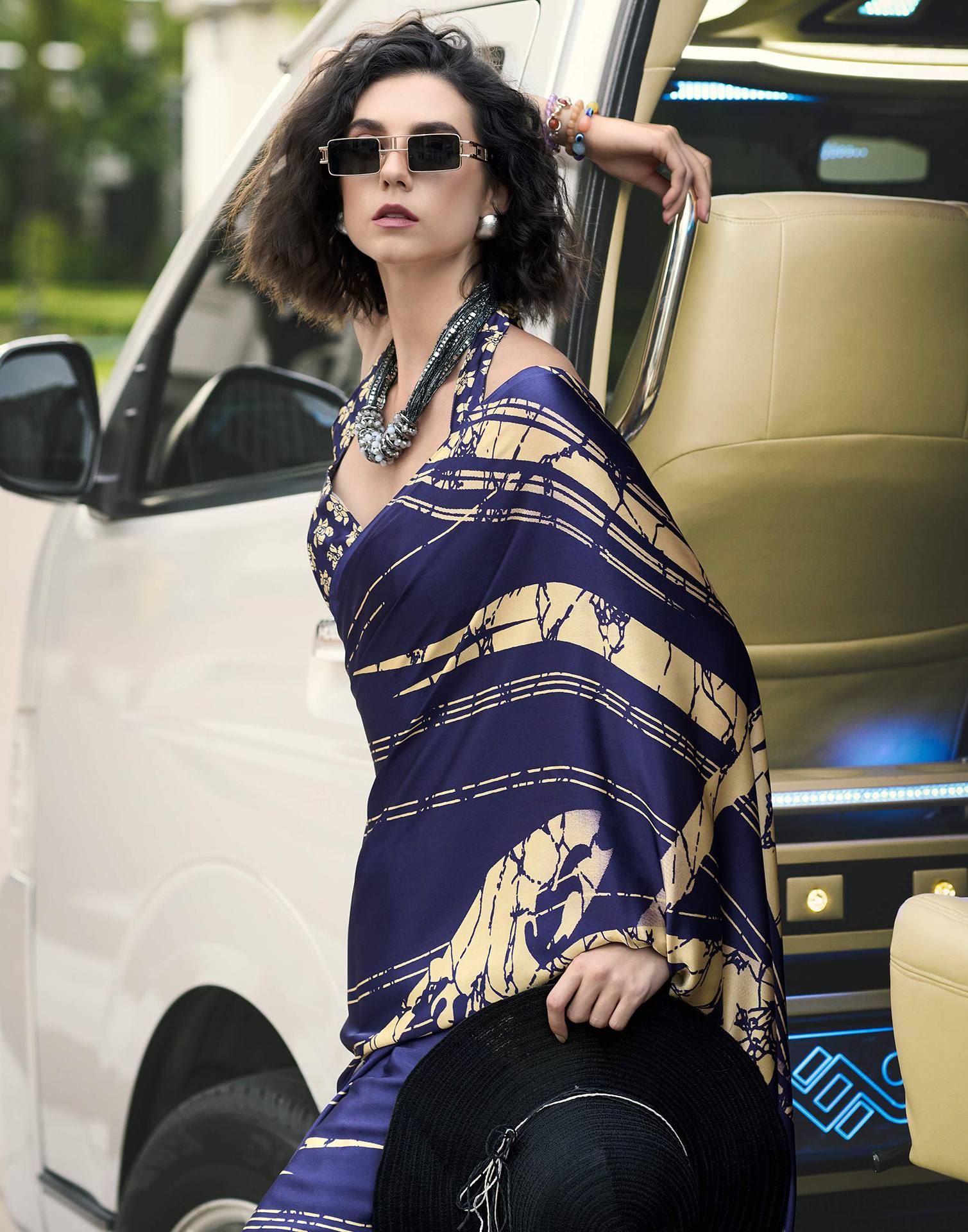 Dark Purple Satin Printed Saree