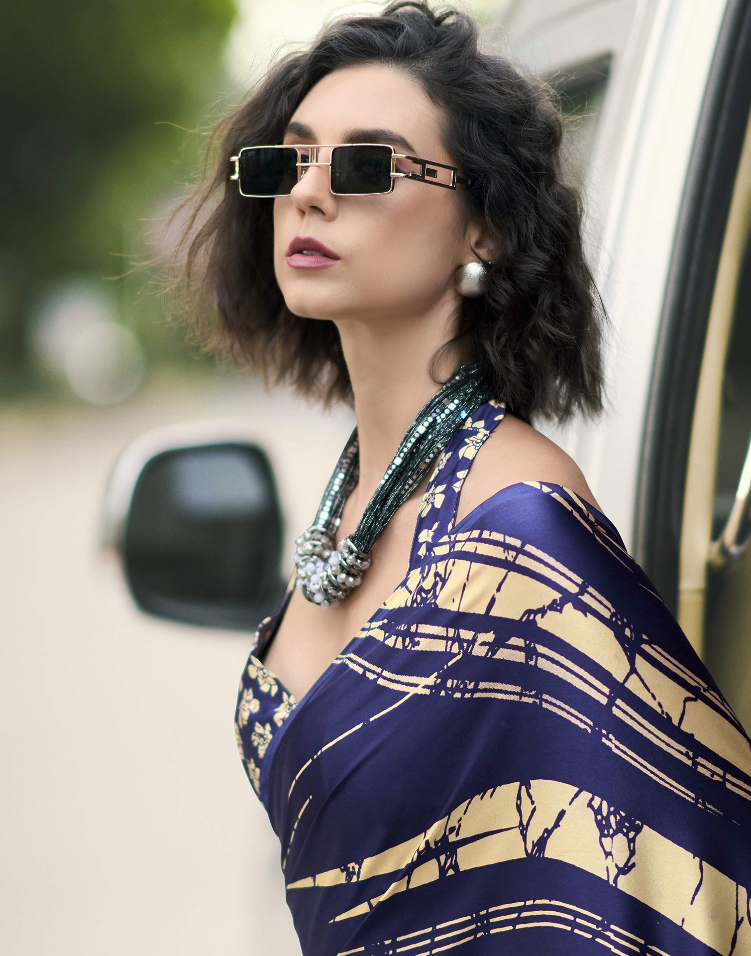 Dark Purple Satin Printed Saree