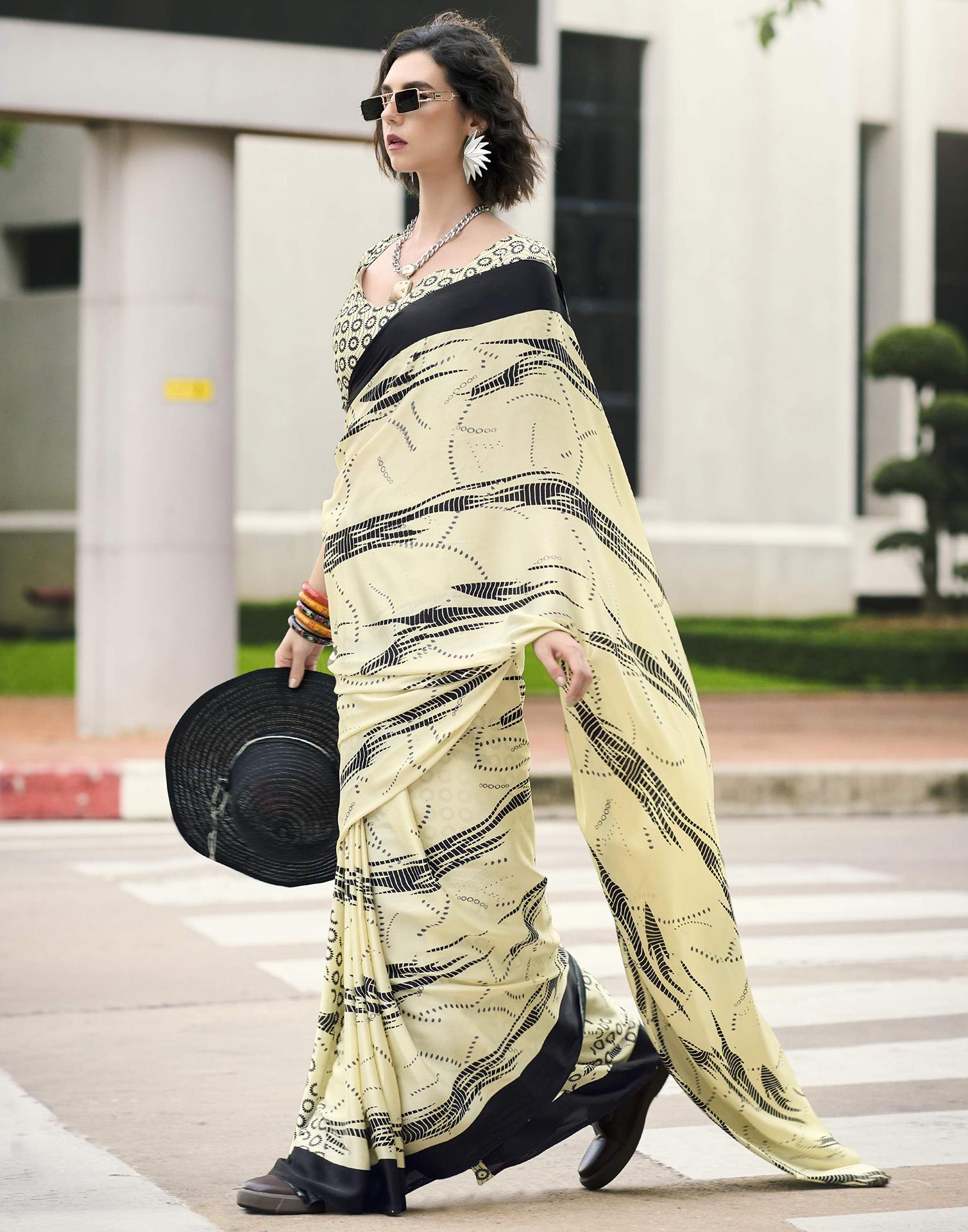 Creme Satin Printed Saree