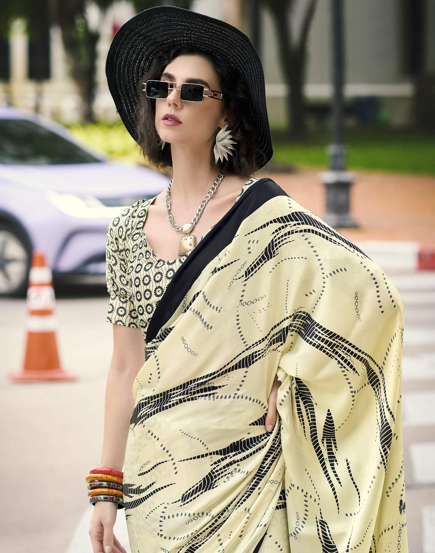 Creme Satin Printed Saree