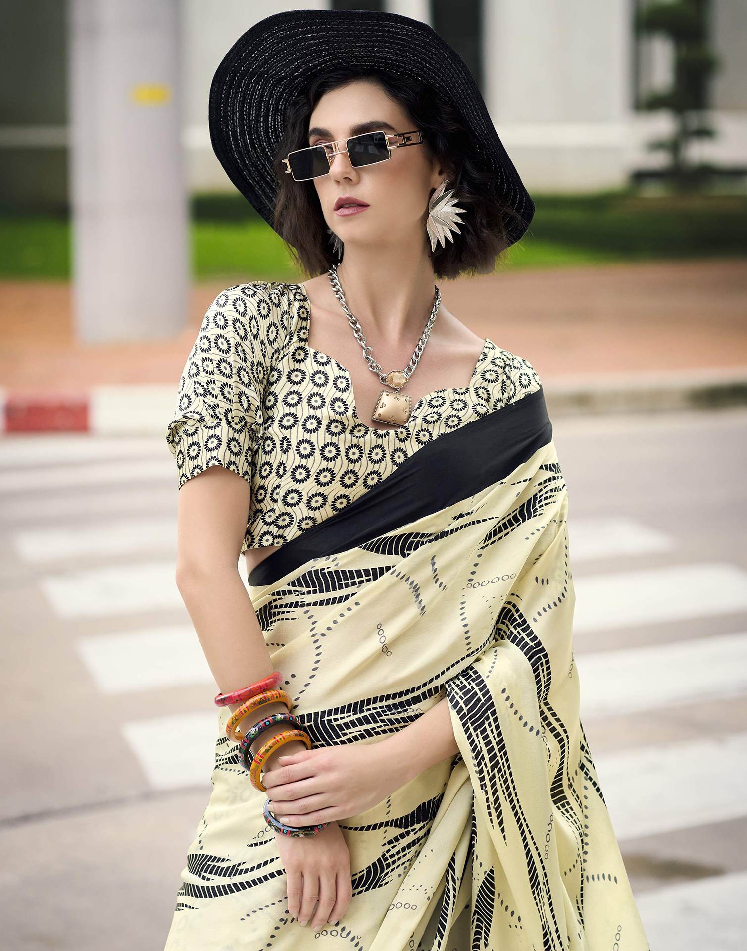 Creme Satin Printed Saree