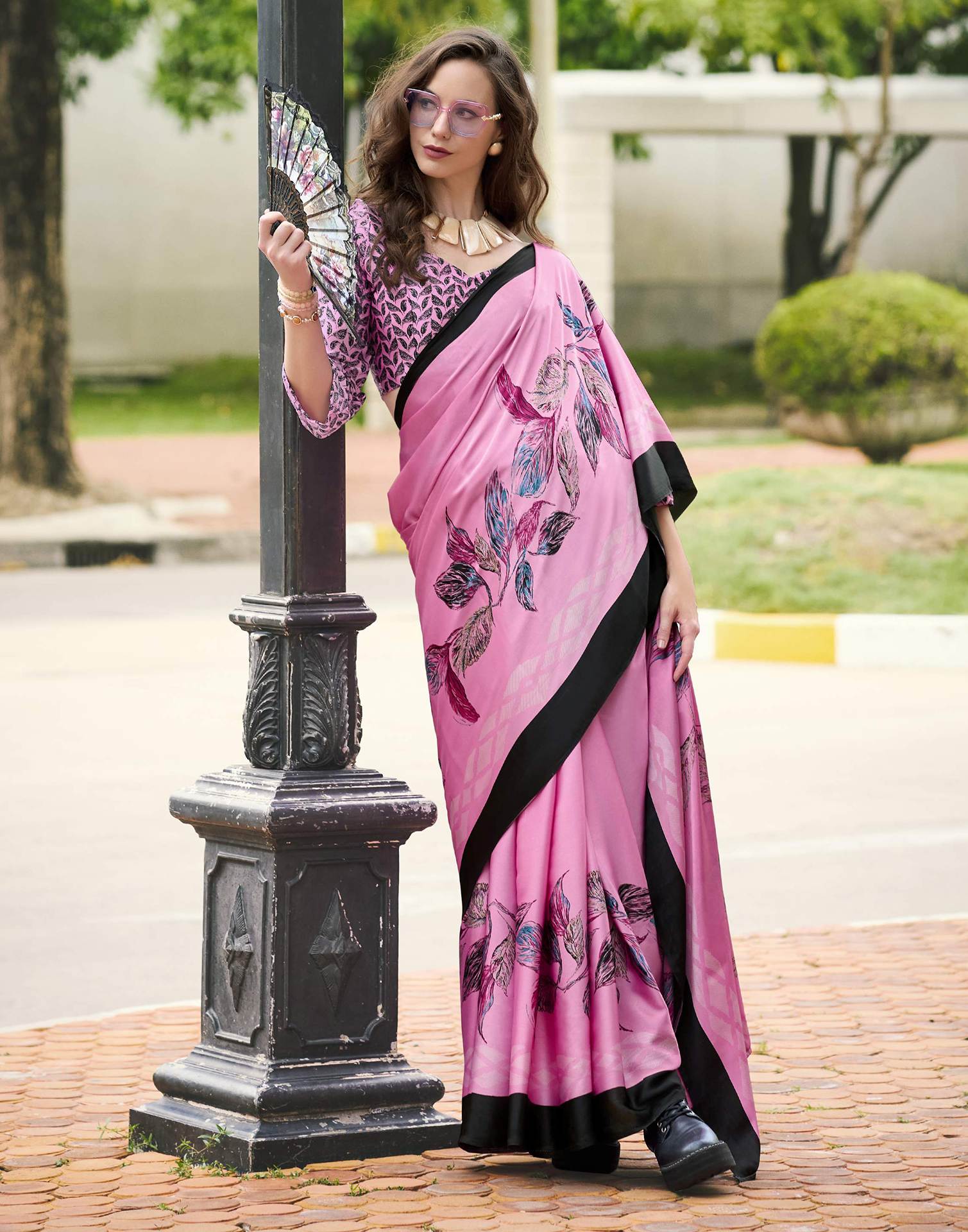 Pink Satin Floral Printed Saree