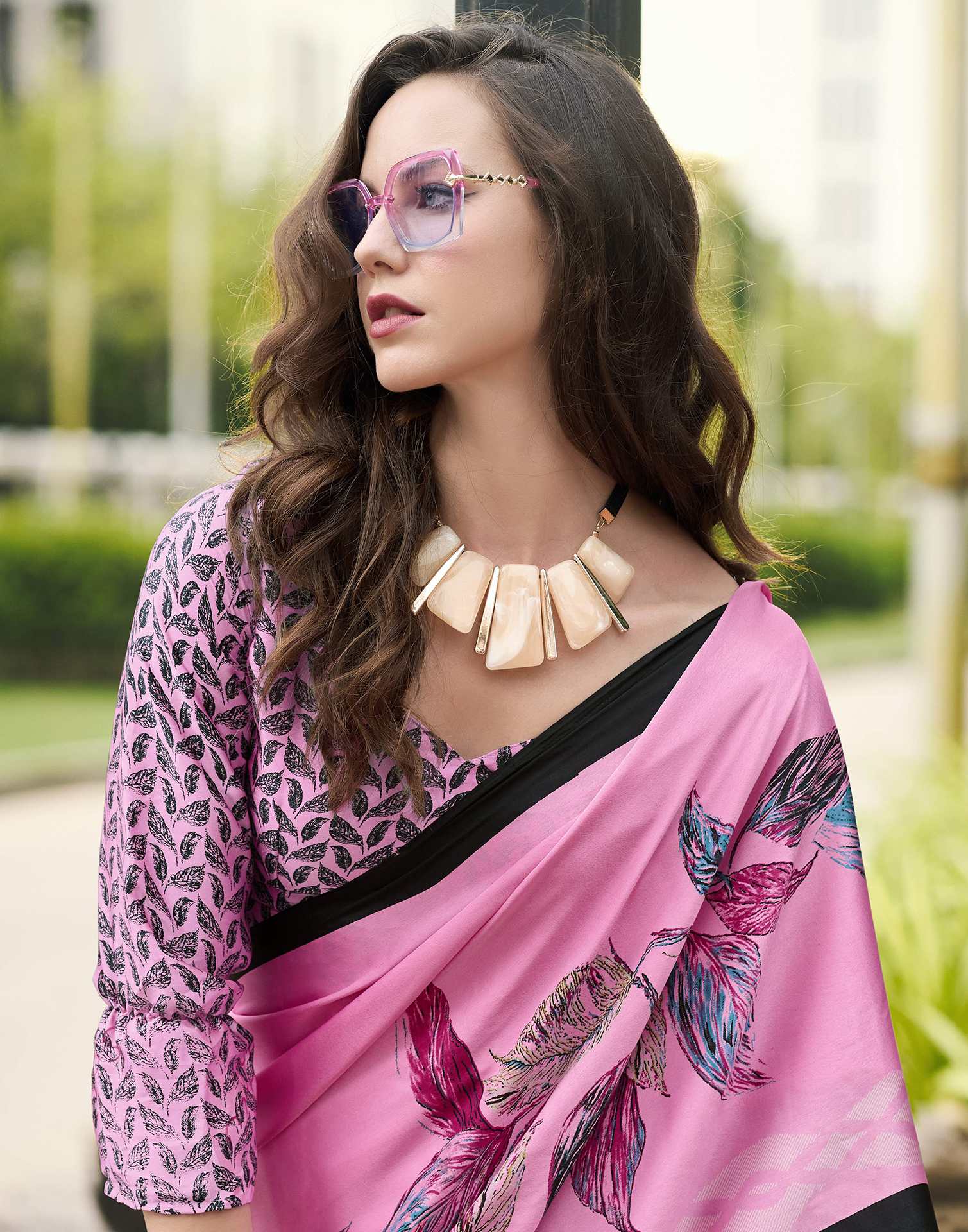 Pink Satin Floral Printed Saree