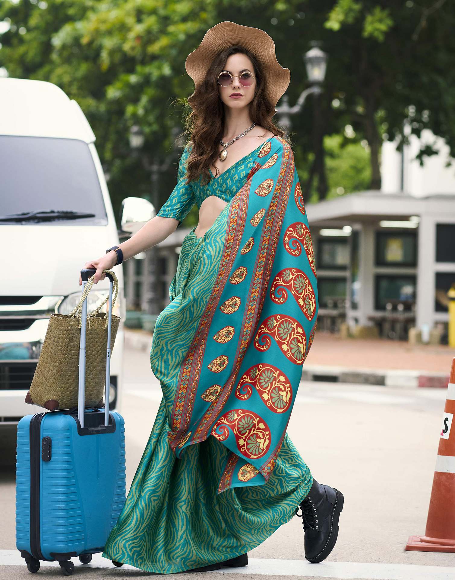 Green Satin Printed Saree