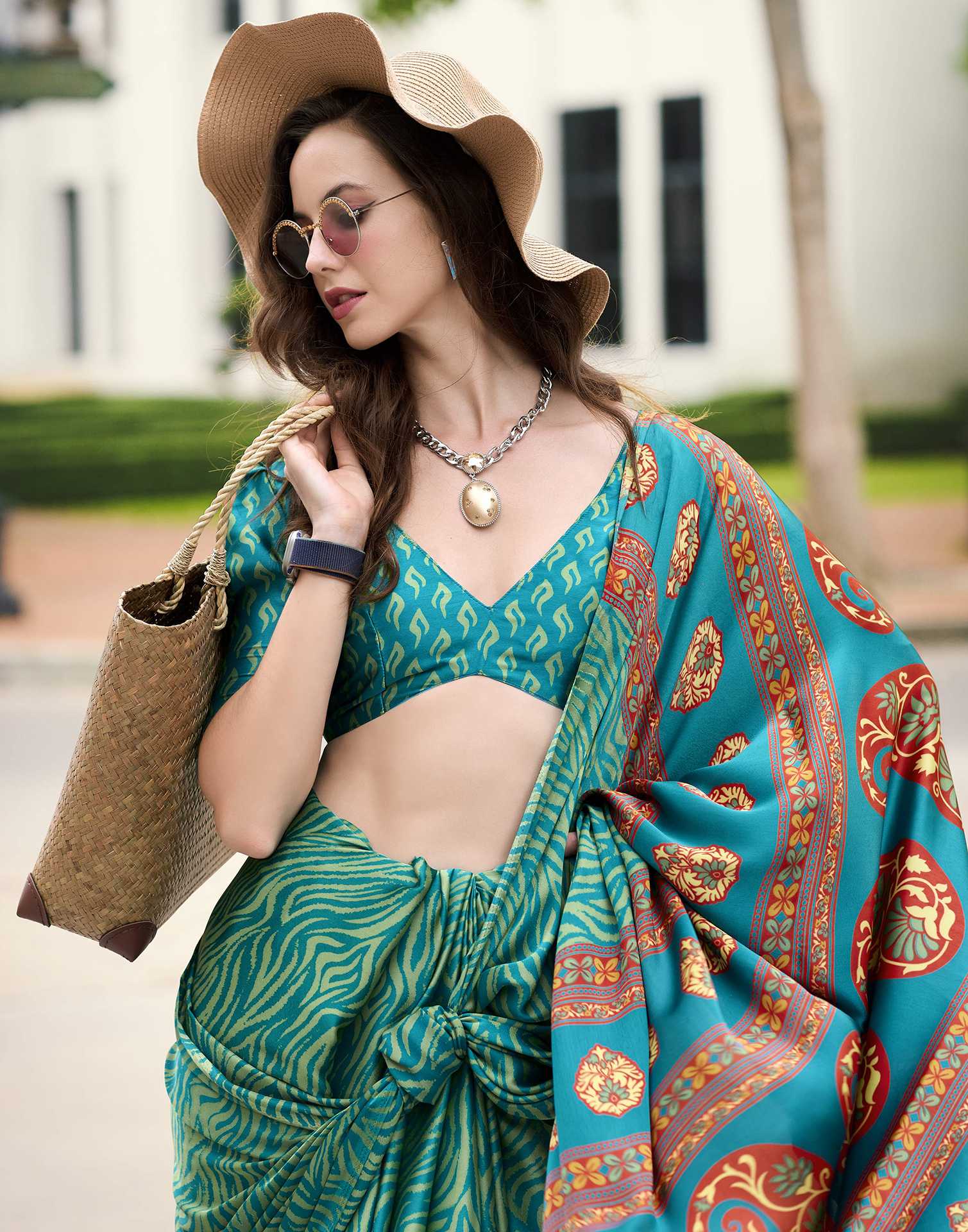 Green Satin Printed Saree