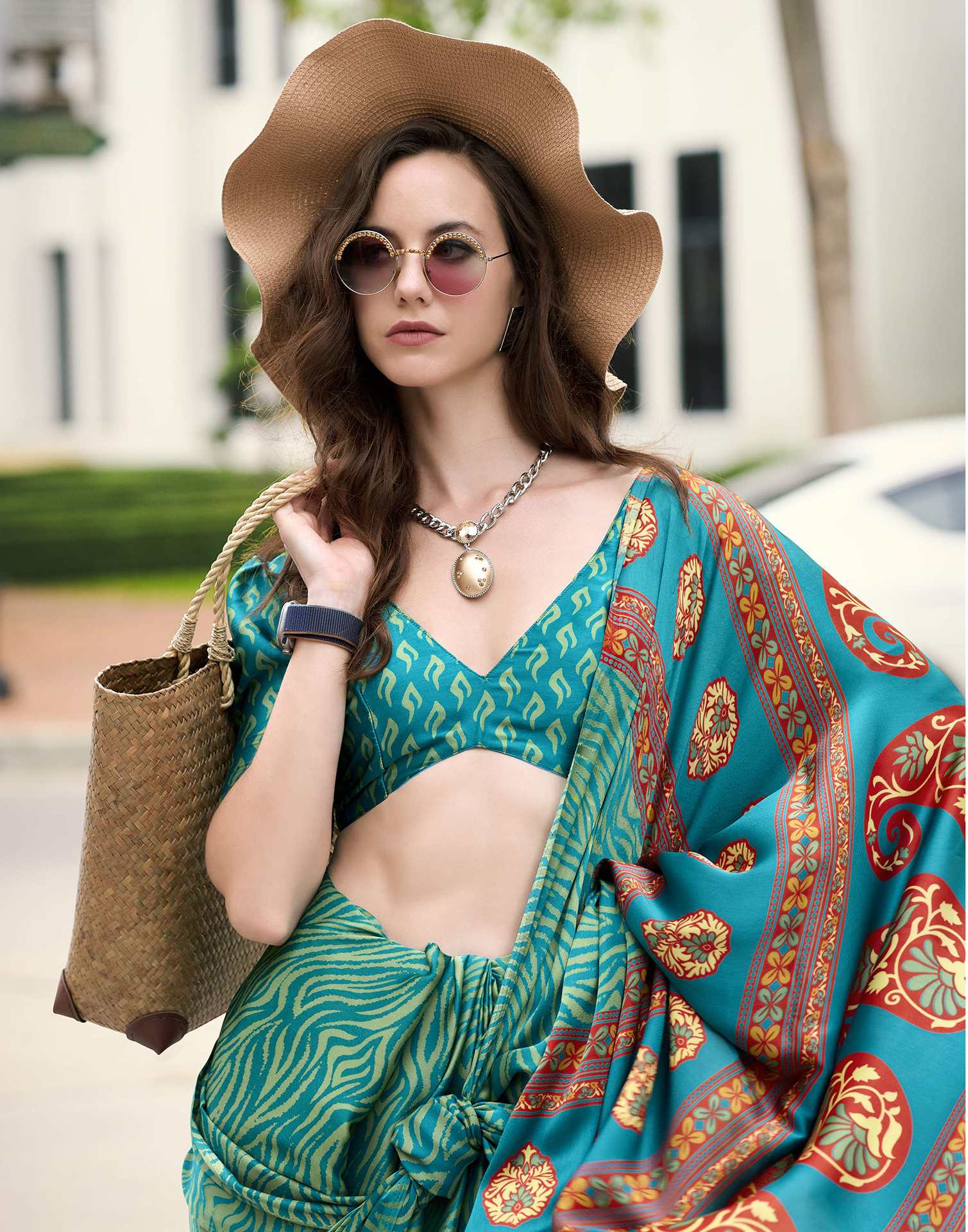 Green Satin Printed Saree