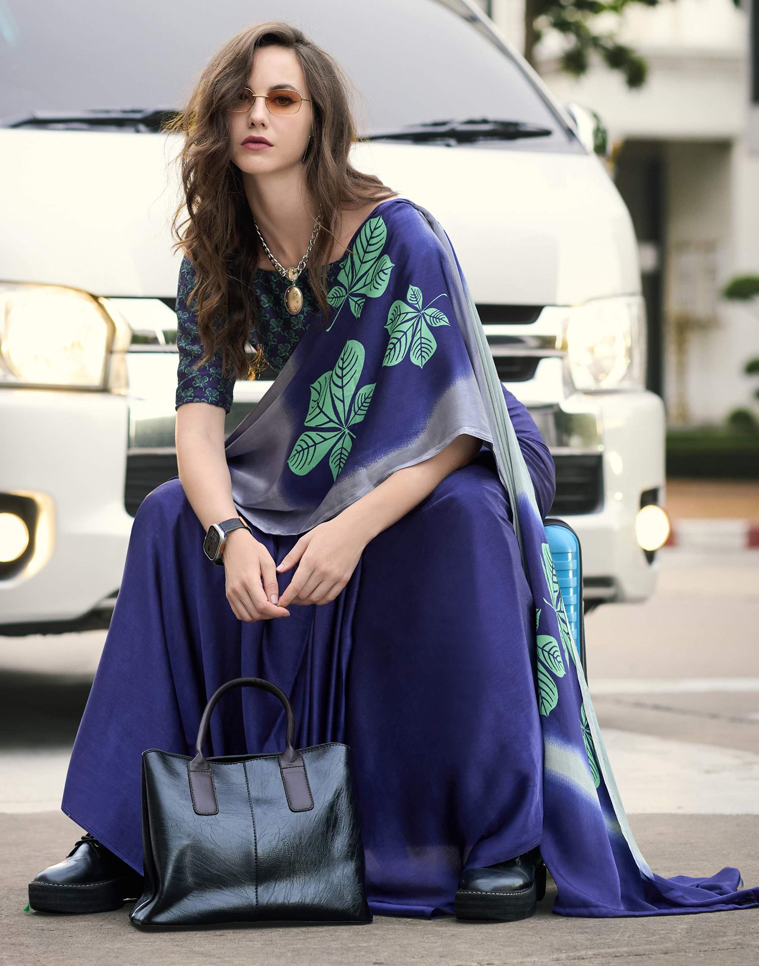 Blue Satin Printed Saree
