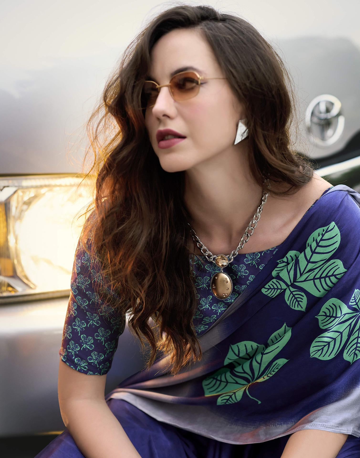 Blue Satin Printed Saree