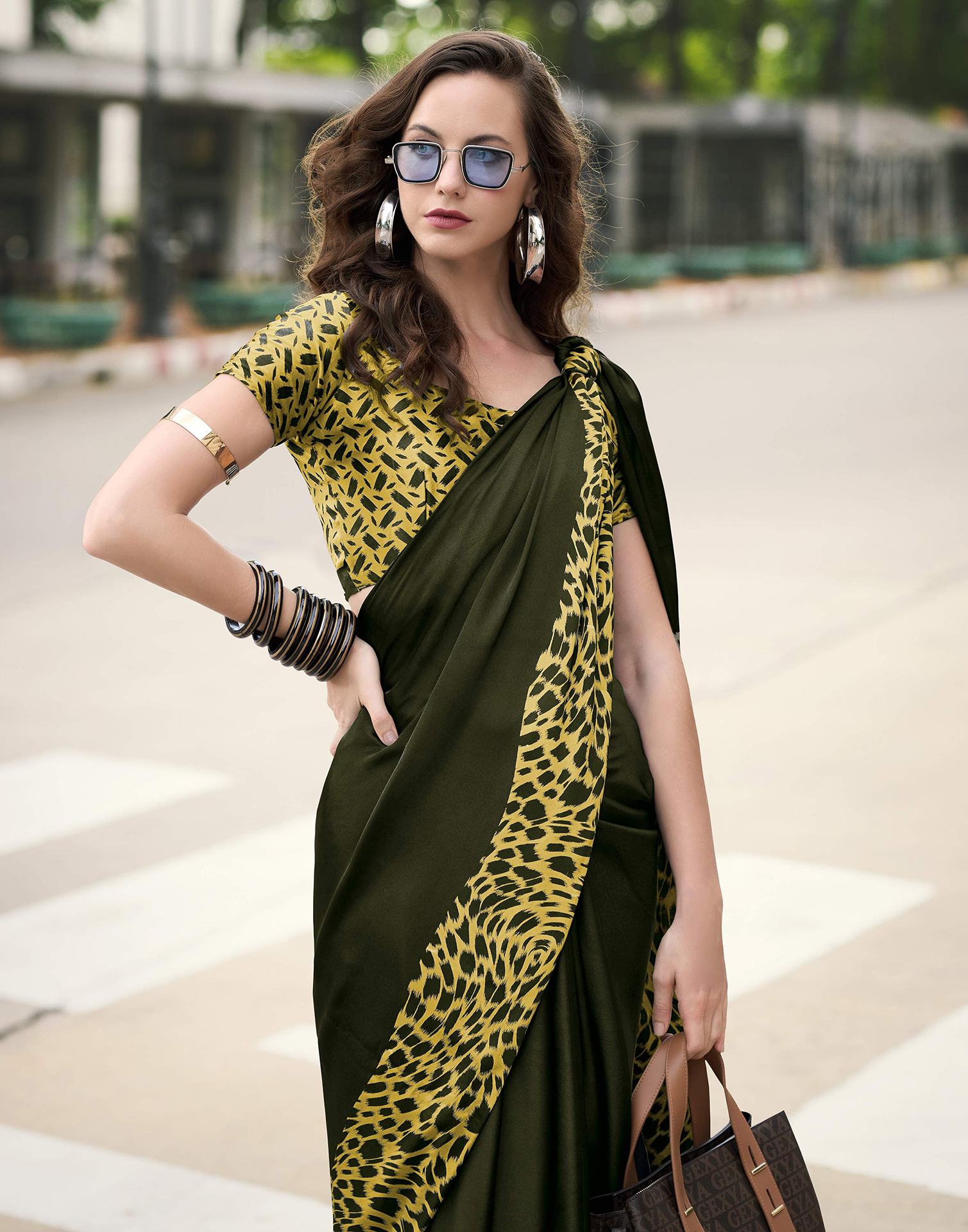Dark Green Satin Printed Saree