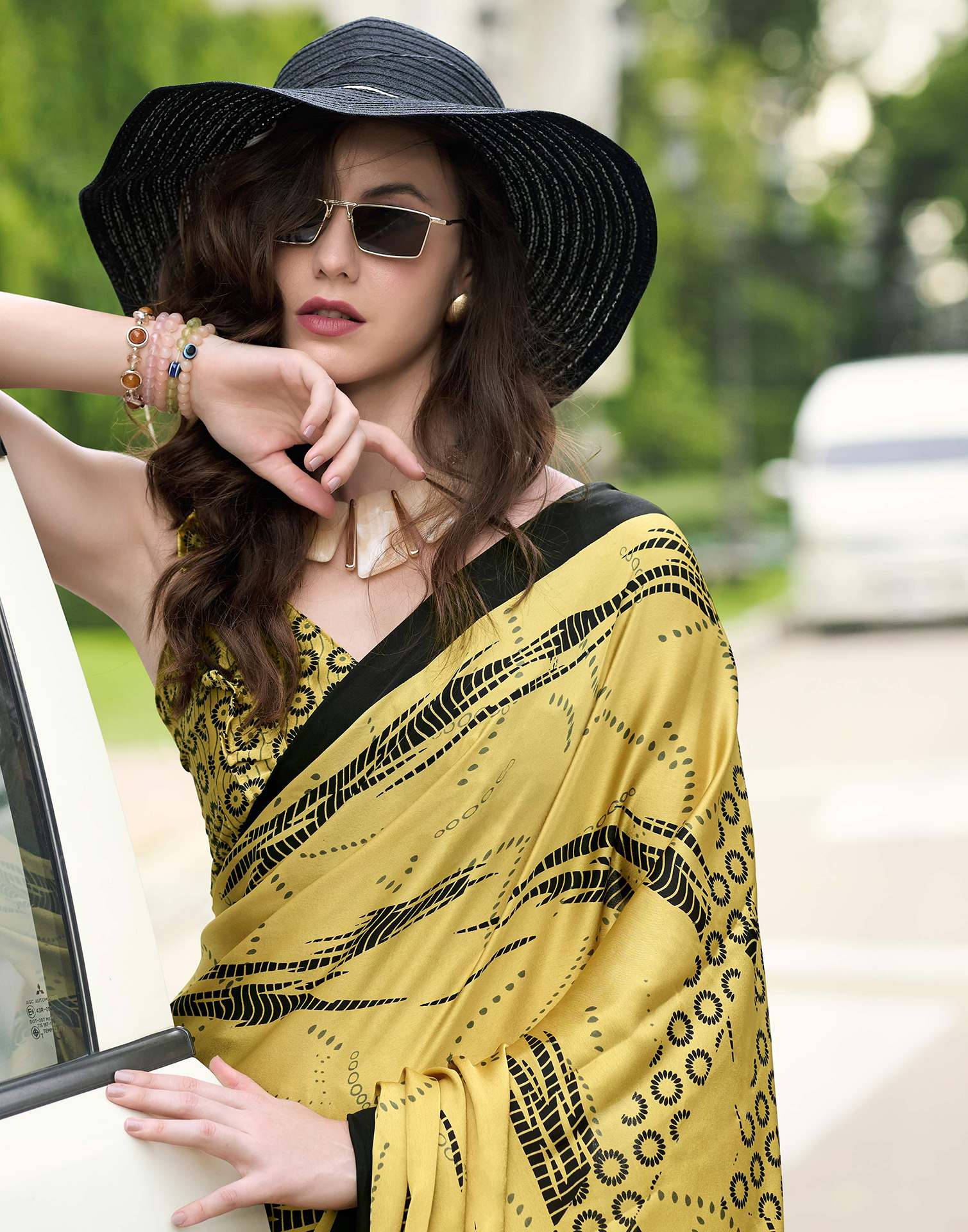 Yellow Satin Printed Saree