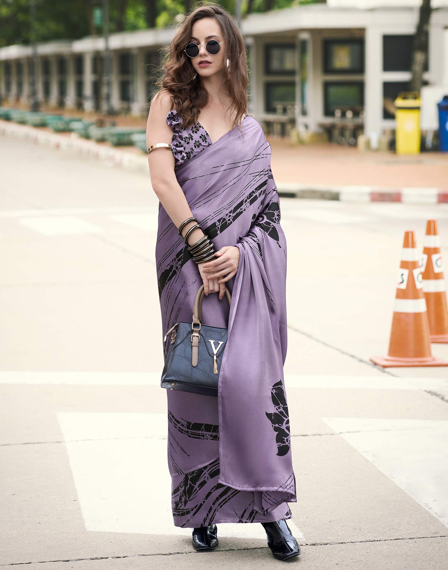 Light Purple Satin Printed Saree