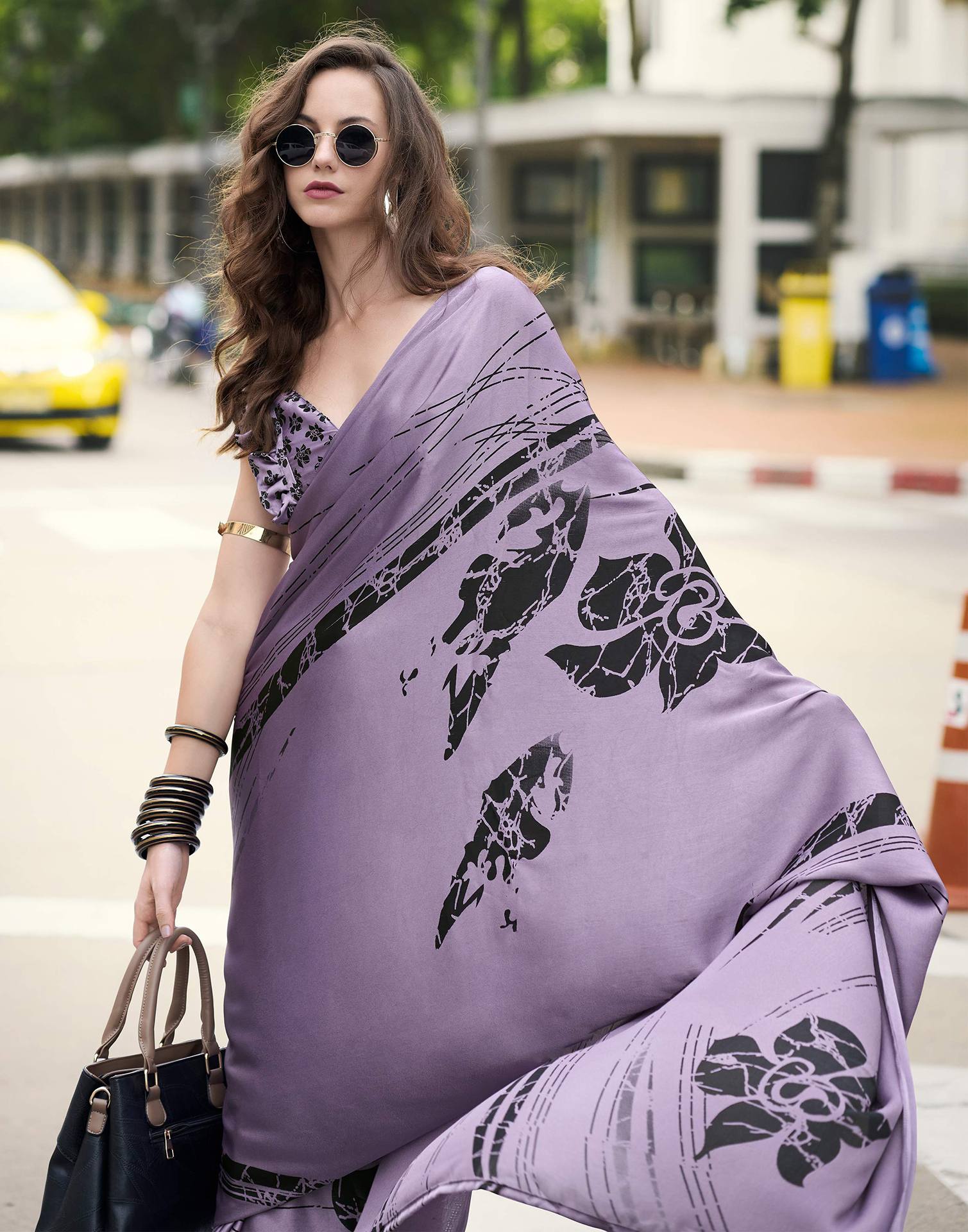 Light Purple Satin Printed Saree