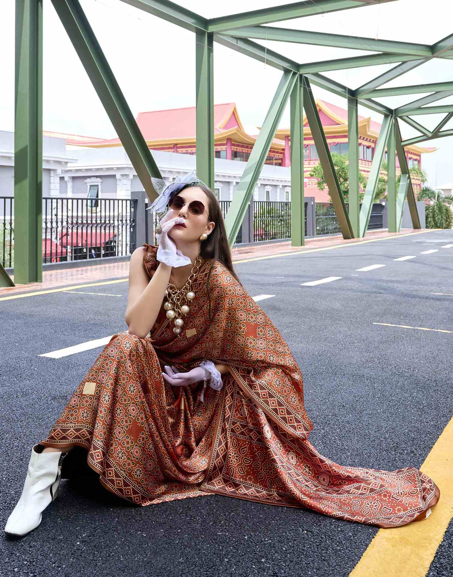 Rust Satin Printed Saree