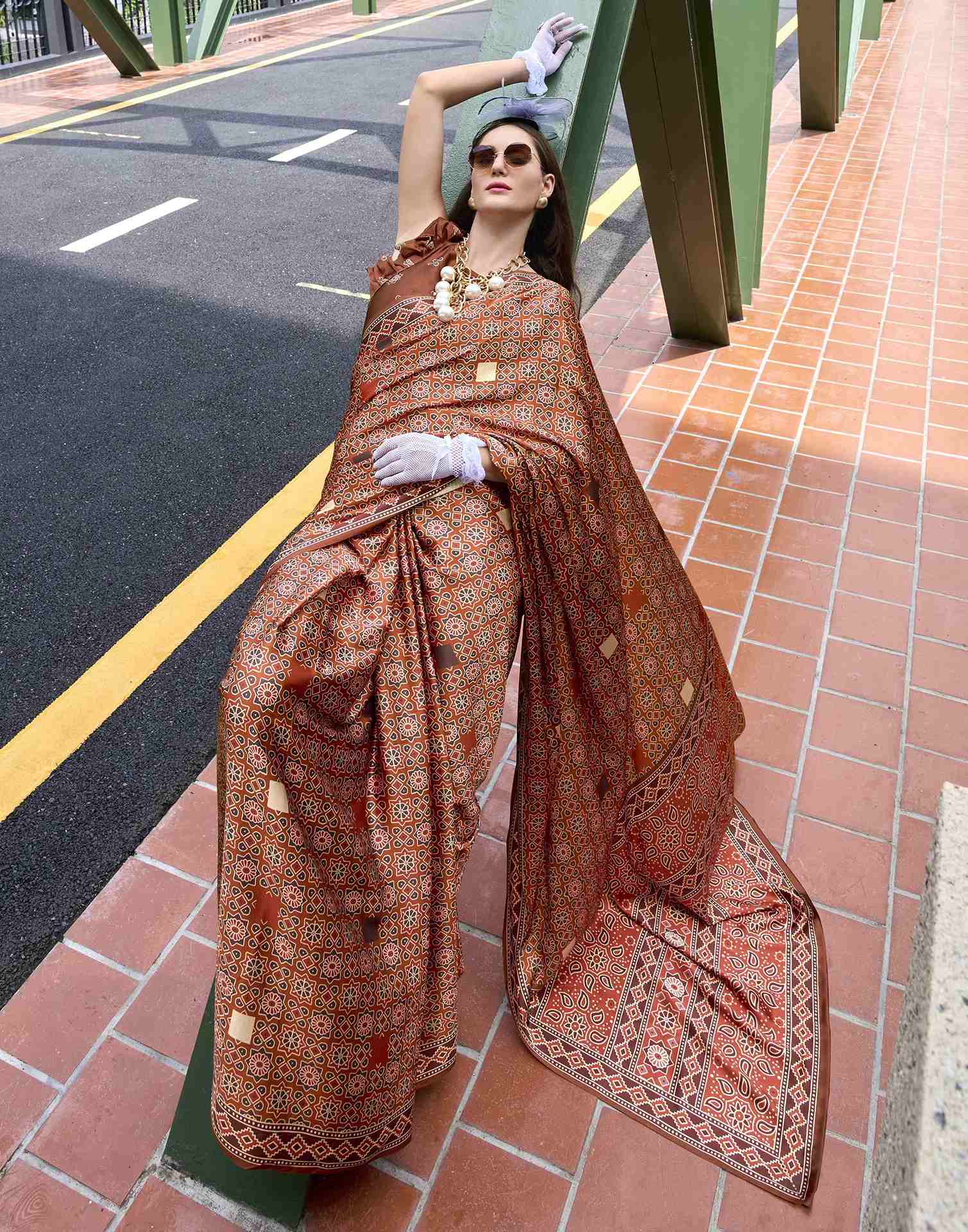 Rust Satin Printed Saree