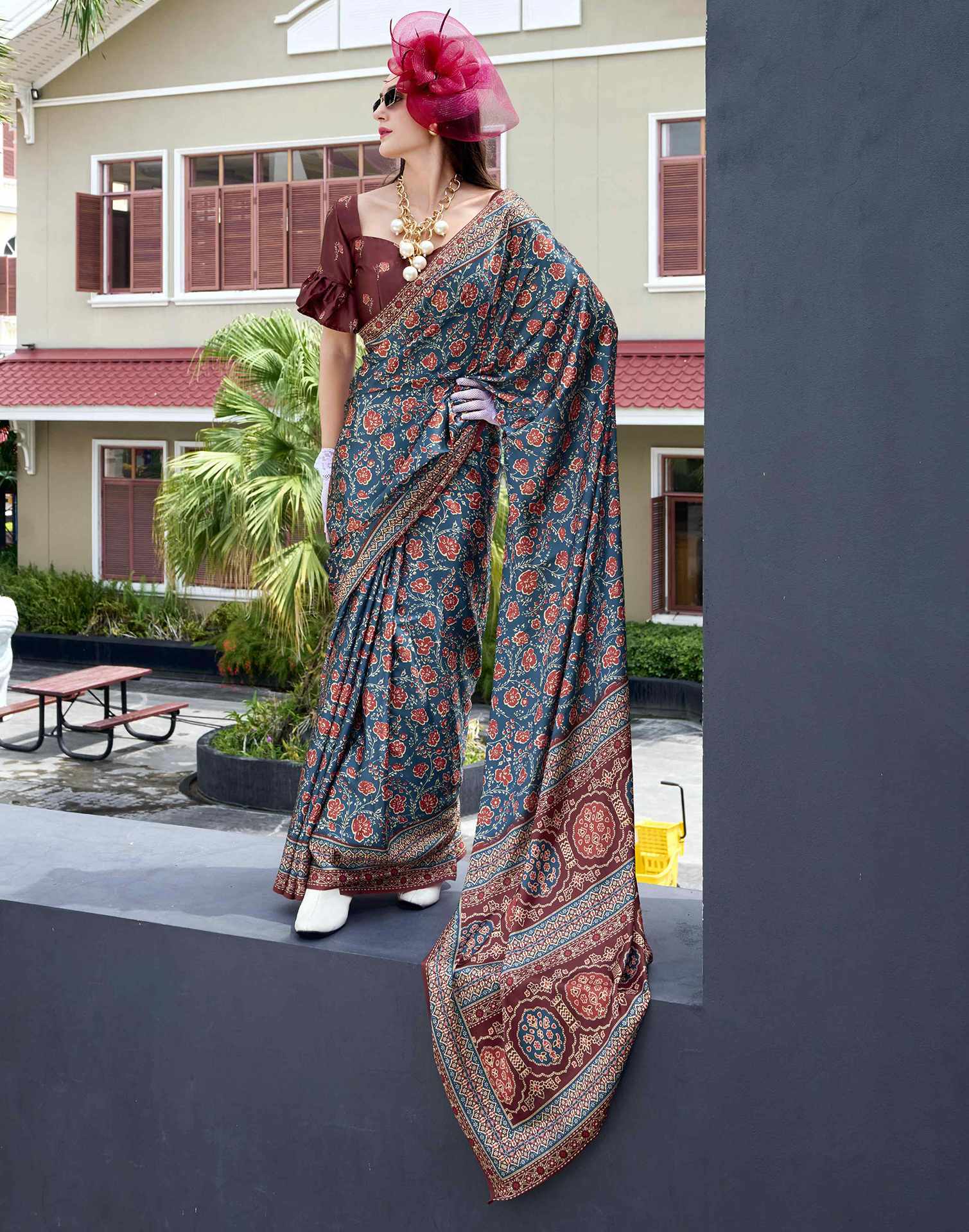 Rama Blue Satin Printed Saree